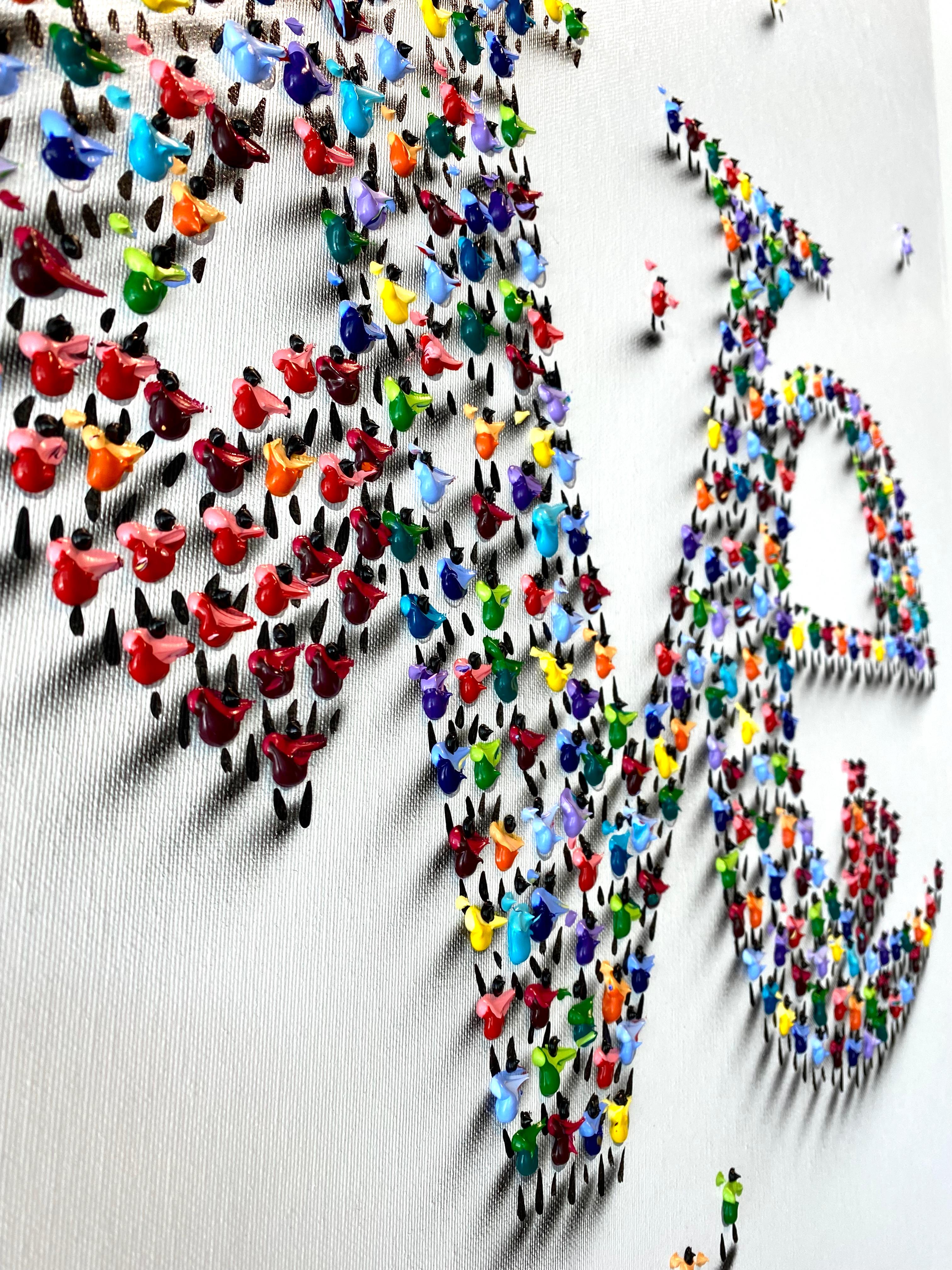 Acrylique sur toile
peinture 3D d'un signe de paix composé de petits personnages marchant sur un fond noir 