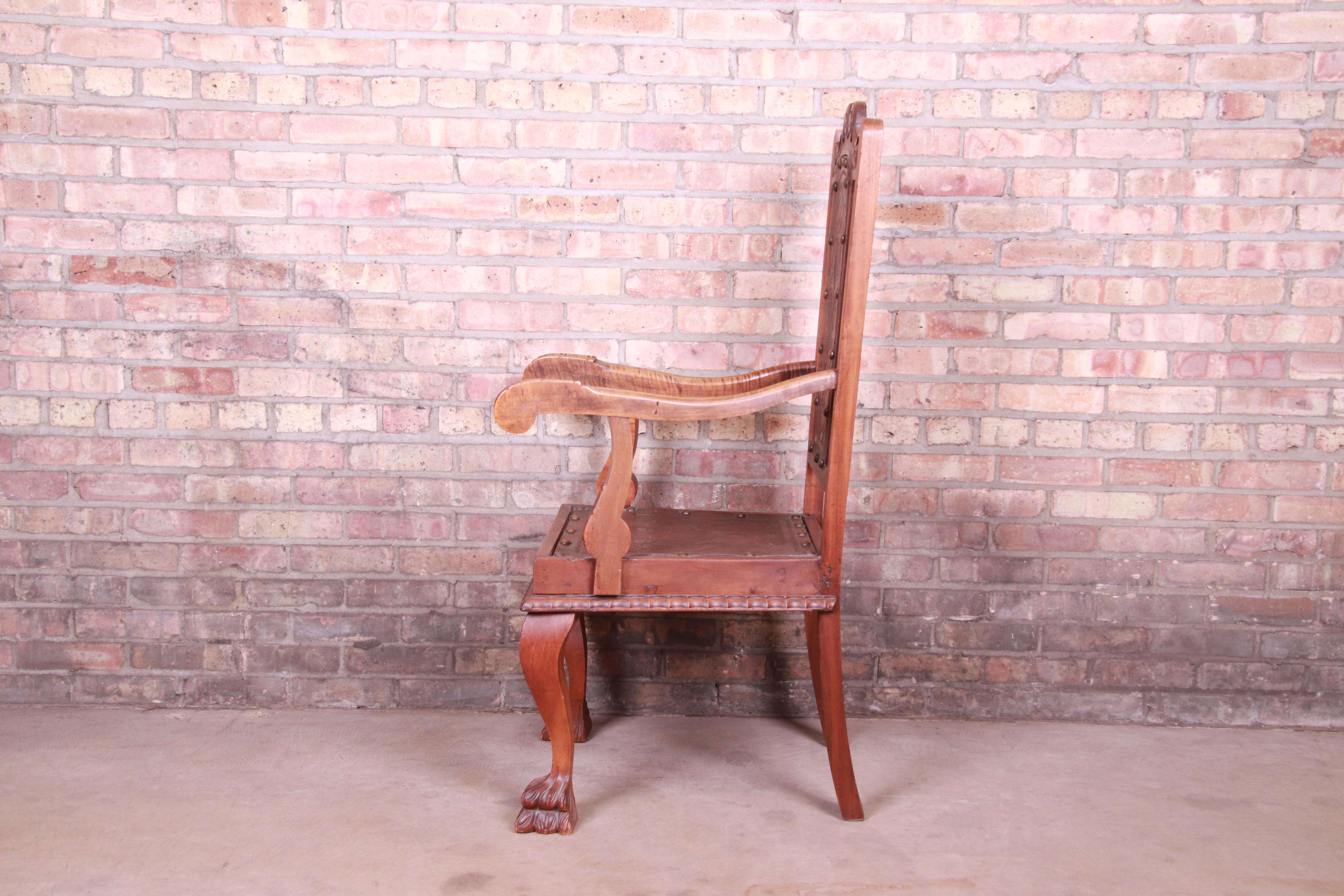 Francisco Bergamo Sobrinho Carved Walnut and Embossed Leather Throne Chair 4