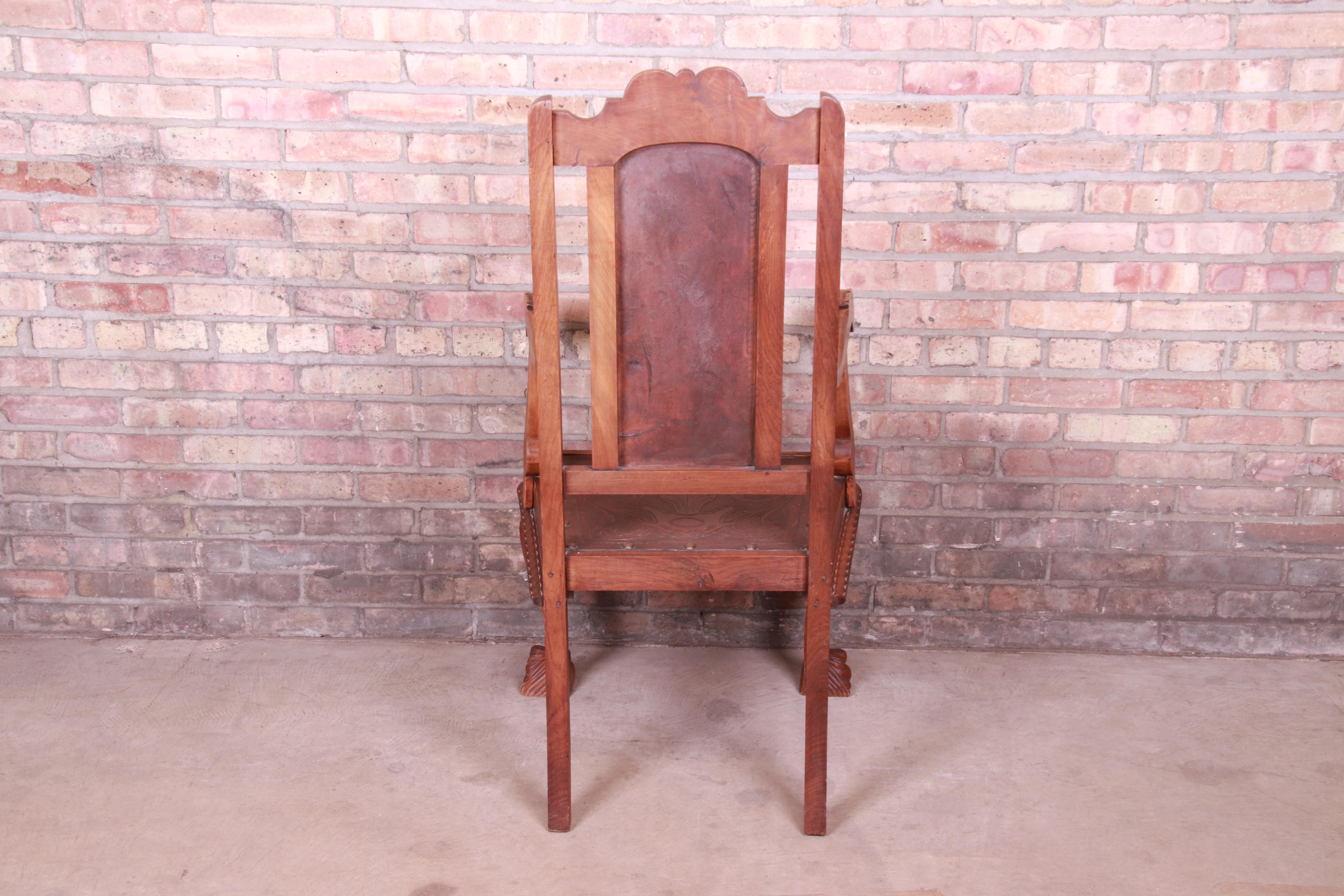 Francisco Bergamo Sobrinho Carved Walnut and Embossed Leather Throne Chair 5