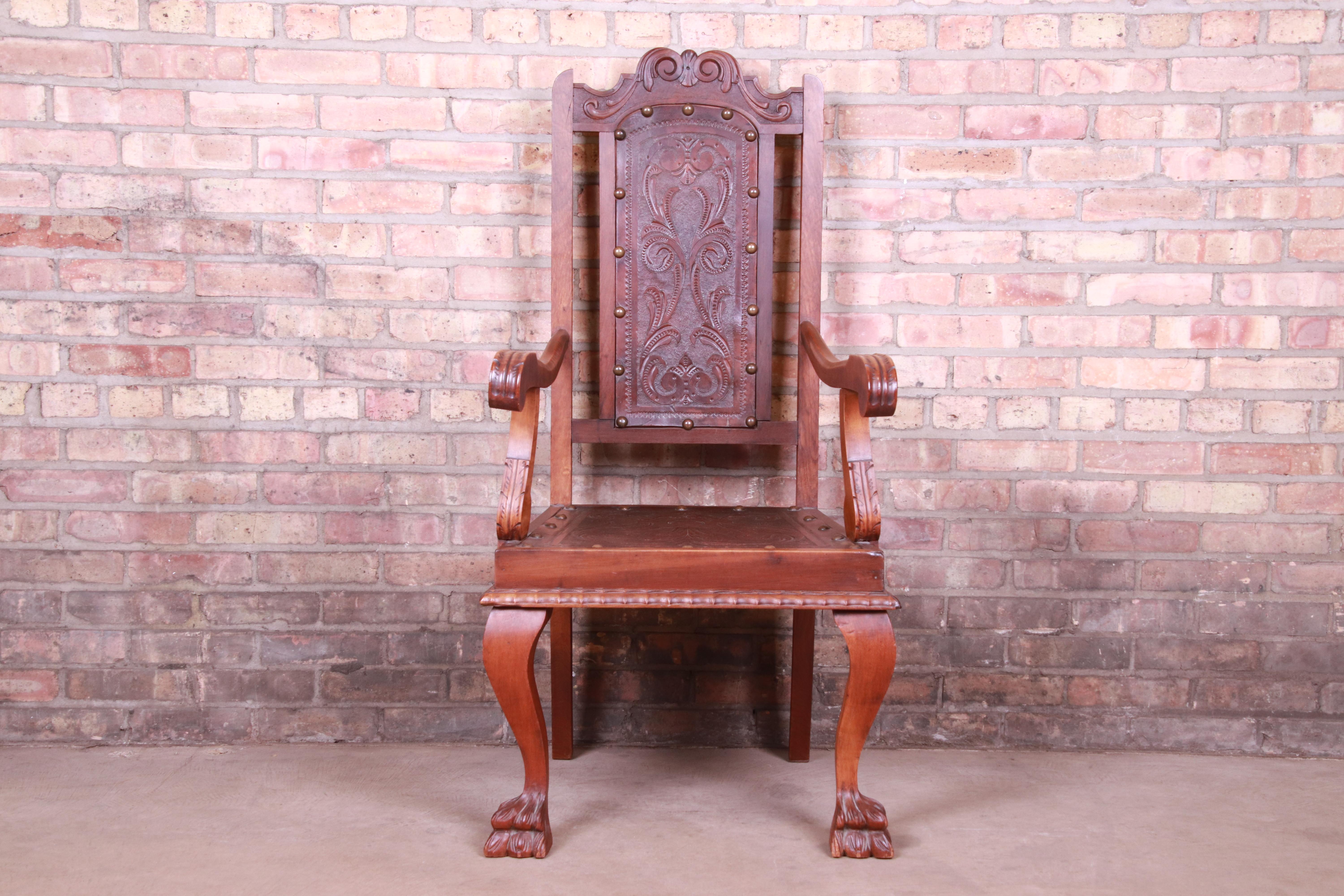 An exceptional antique desk chair or throne chair

By Francisco Bergamo Sobrinho for Móveis Bergamo

Brazil, 1930s

Carved walnut, with embossed leather seat and back.

Measures: 23.25