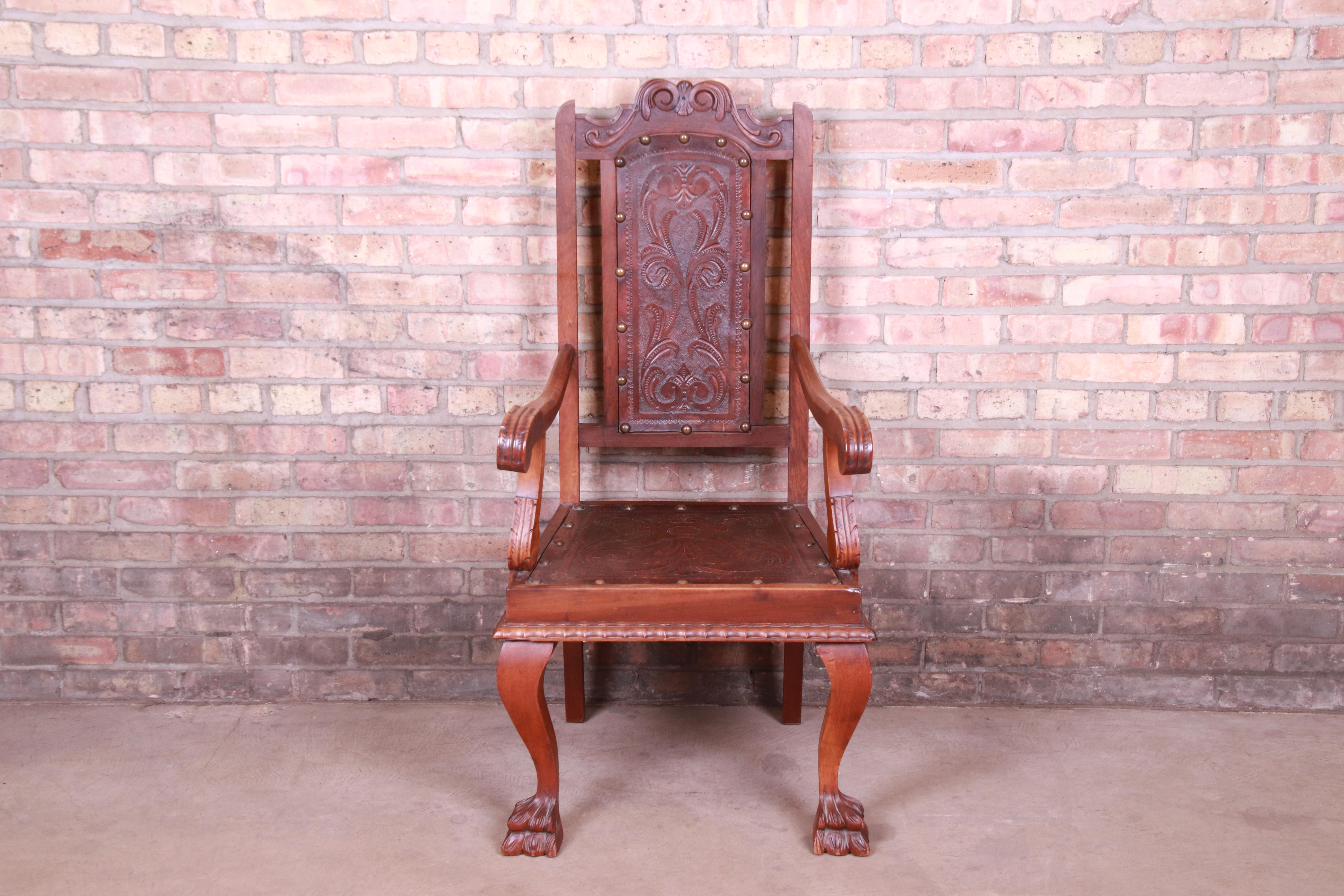 Renaissance Revival Francisco Bergamo Sobrinho Carved Walnut and Embossed Leather Throne Chair
