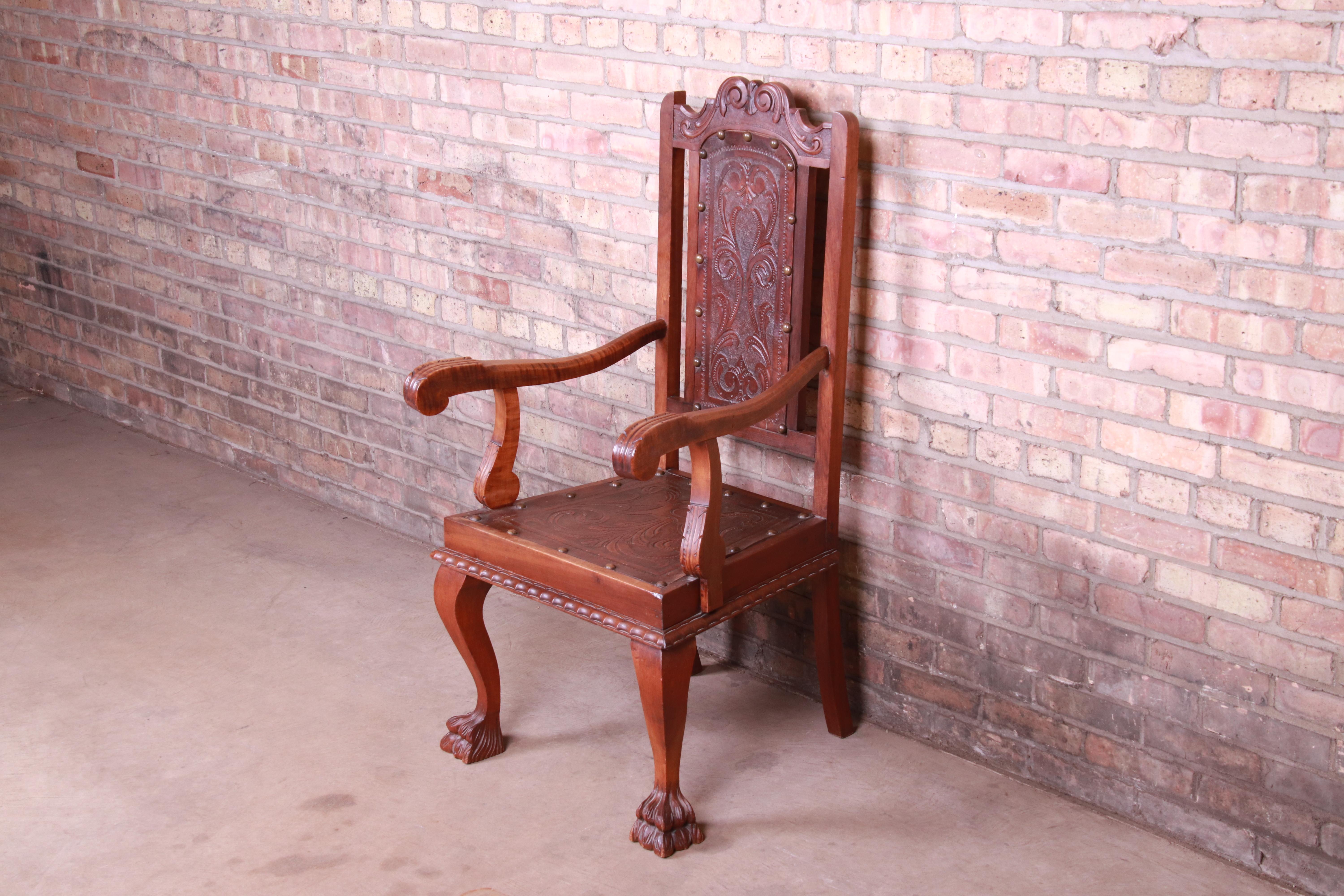 Brazilian Francisco Bergamo Sobrinho Carved Walnut and Embossed Leather Throne Chair