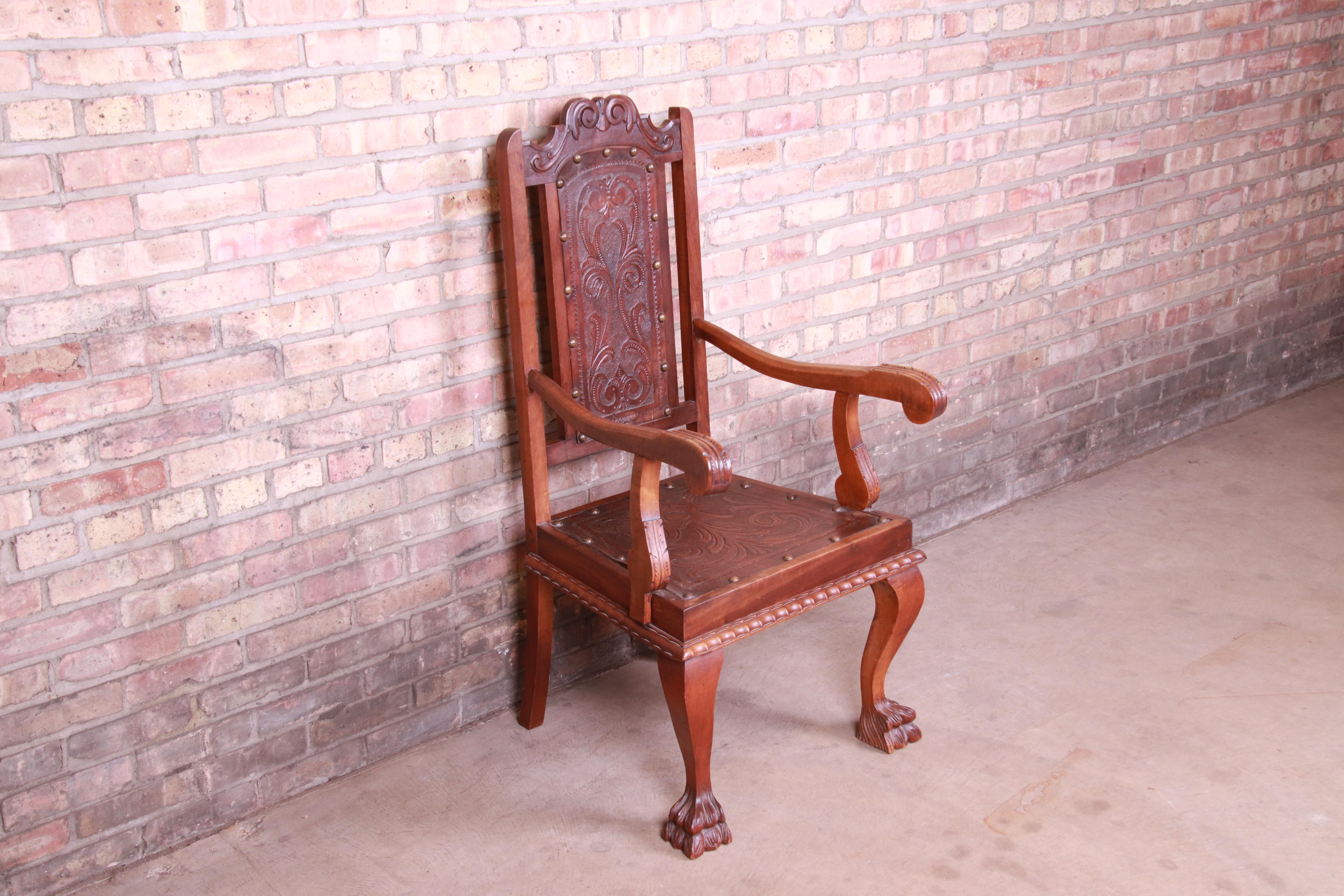 Francisco Bergamo Sobrinho Carved Walnut and Embossed Leather Throne Chair In Good Condition In South Bend, IN
