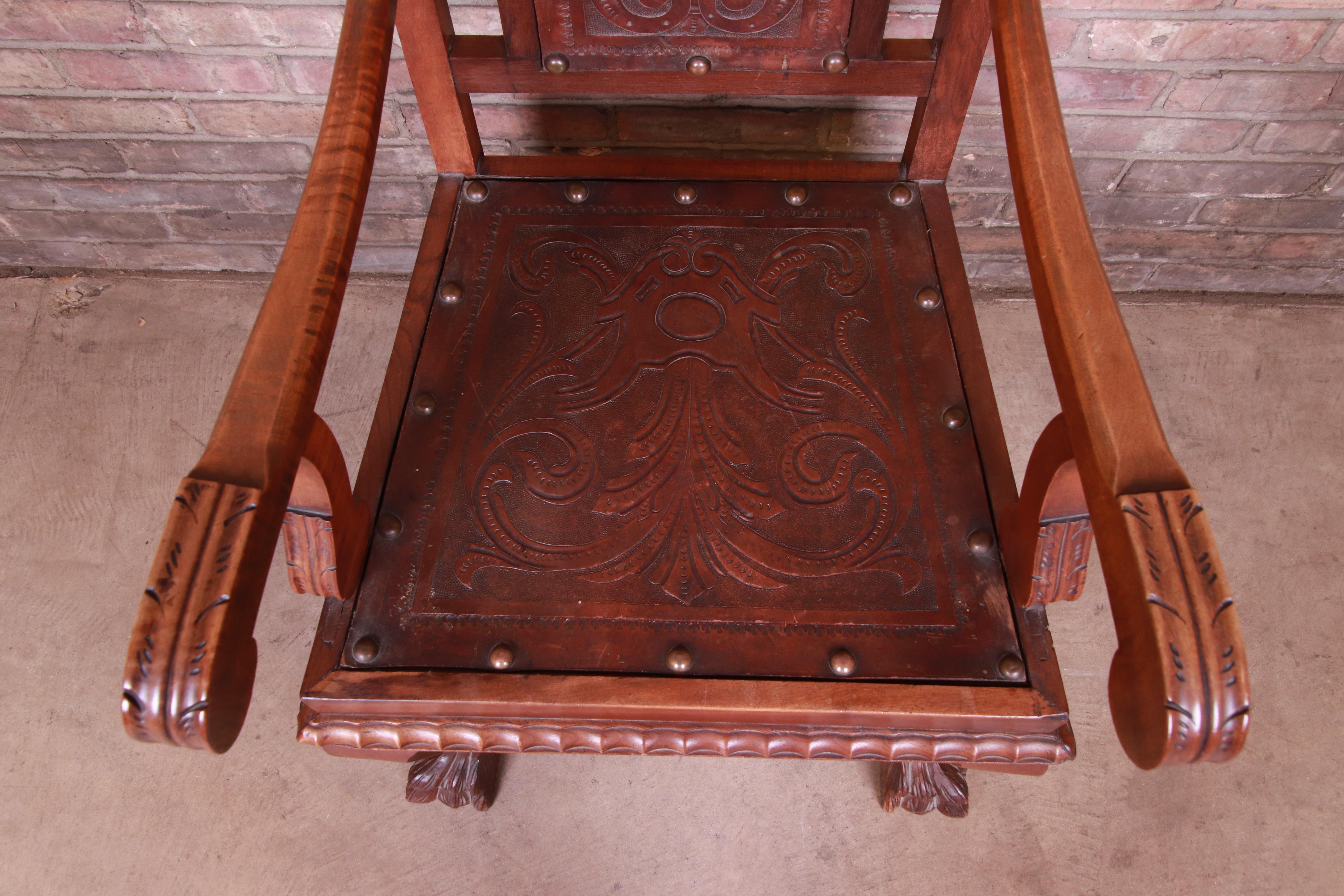 Mid-20th Century Francisco Bergamo Sobrinho Carved Walnut and Embossed Leather Throne Chair