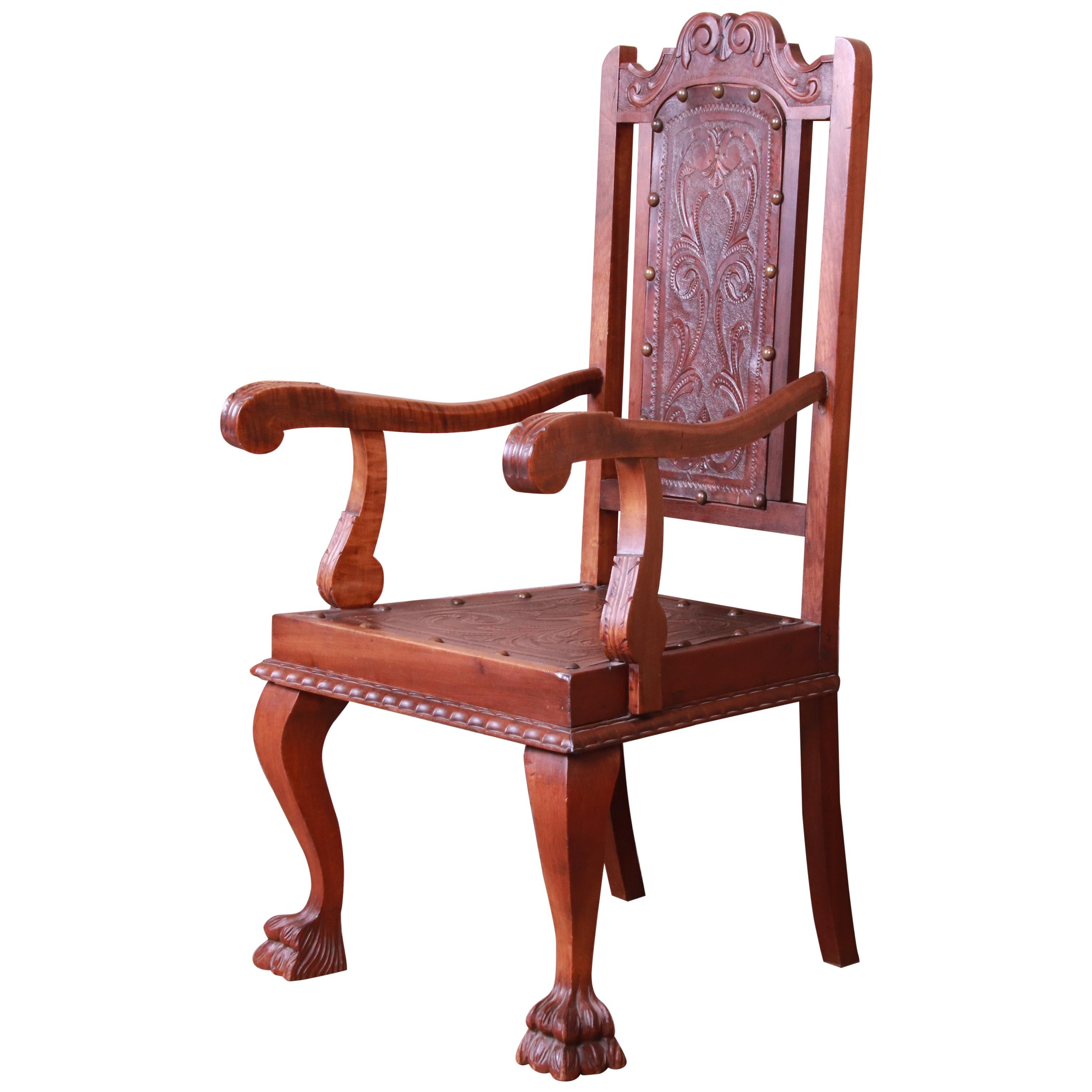 Francisco Bergamo Sobrinho Carved Walnut and Embossed Leather Throne Chair