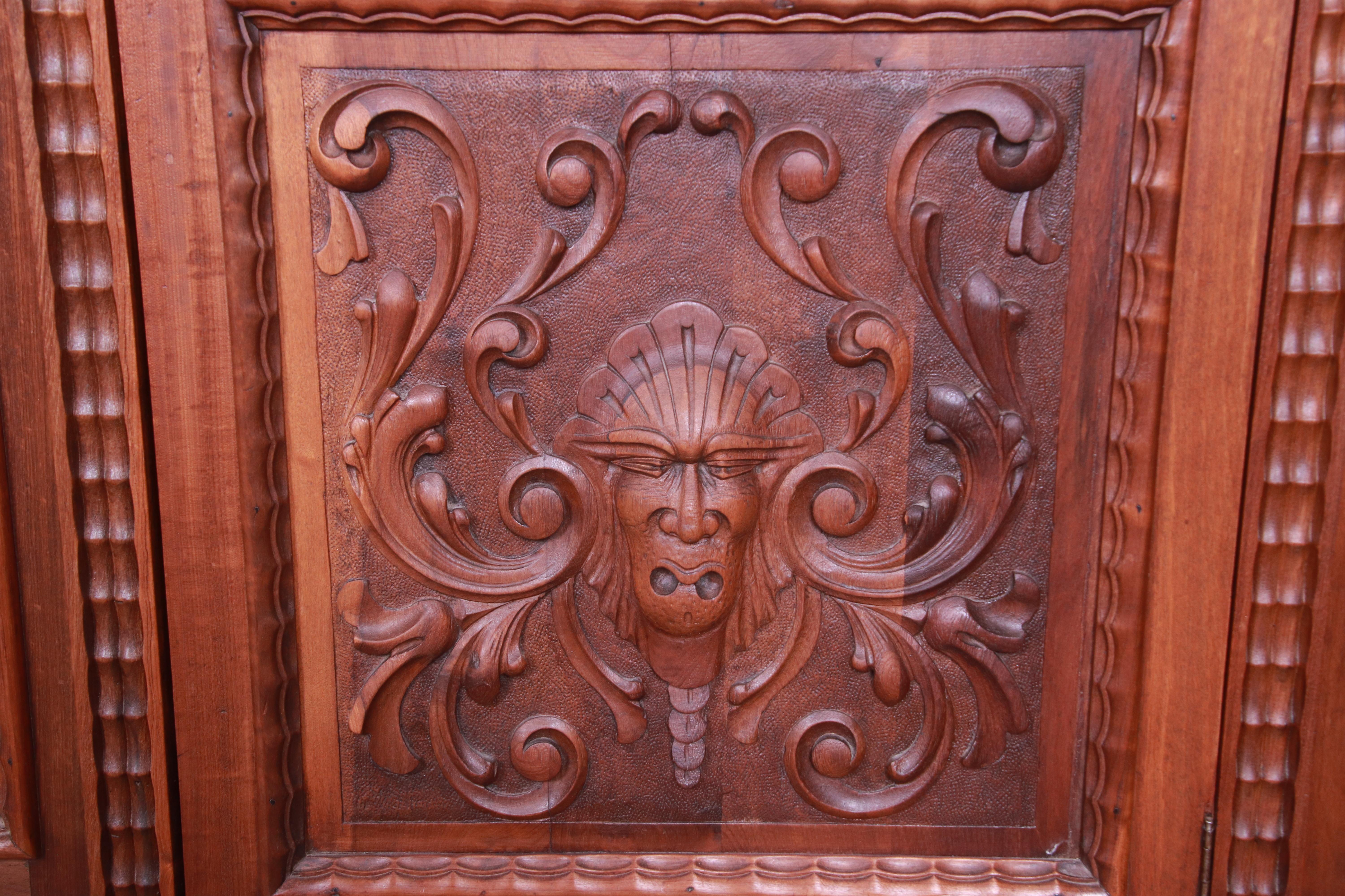 Renaissance Revival Francisco Bergamo Sobrinho Ornate Carved Walnut Bookcase, Brazil, 1930s