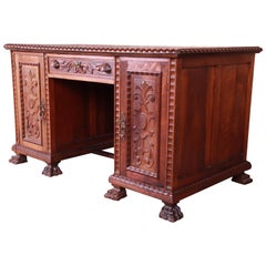 Francisco Bergamo Sobrinho Ornate Carved Walnut Desk, Brazil, 1930s