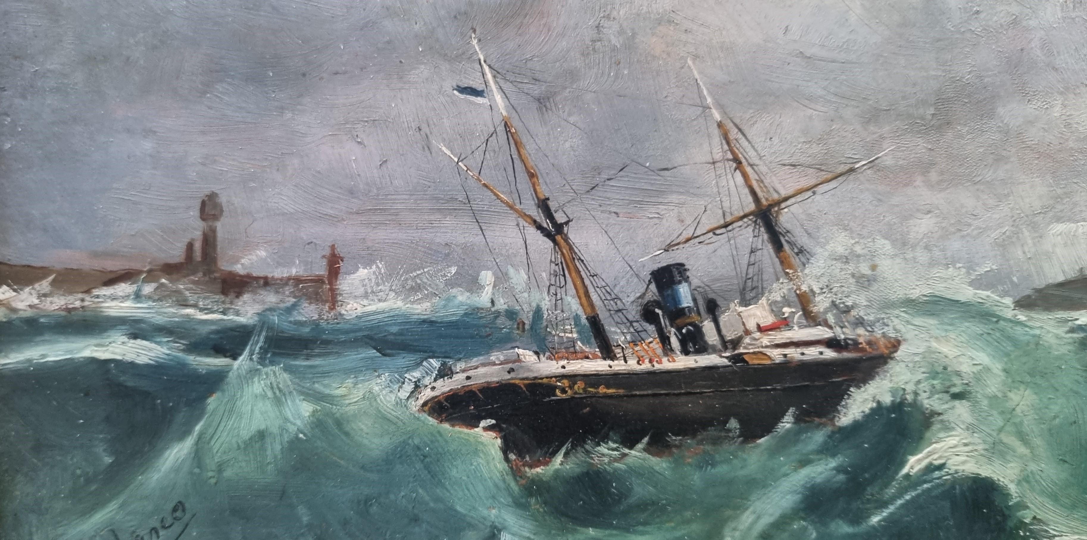 Spanish Marine painting boat sea portrait BLASCO end 19th - Gray Landscape Painting by Francisco BLASCO