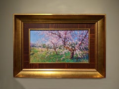 'Almendro Huerto' Contemporary Blossom Tree painting of pink blossom landscape
