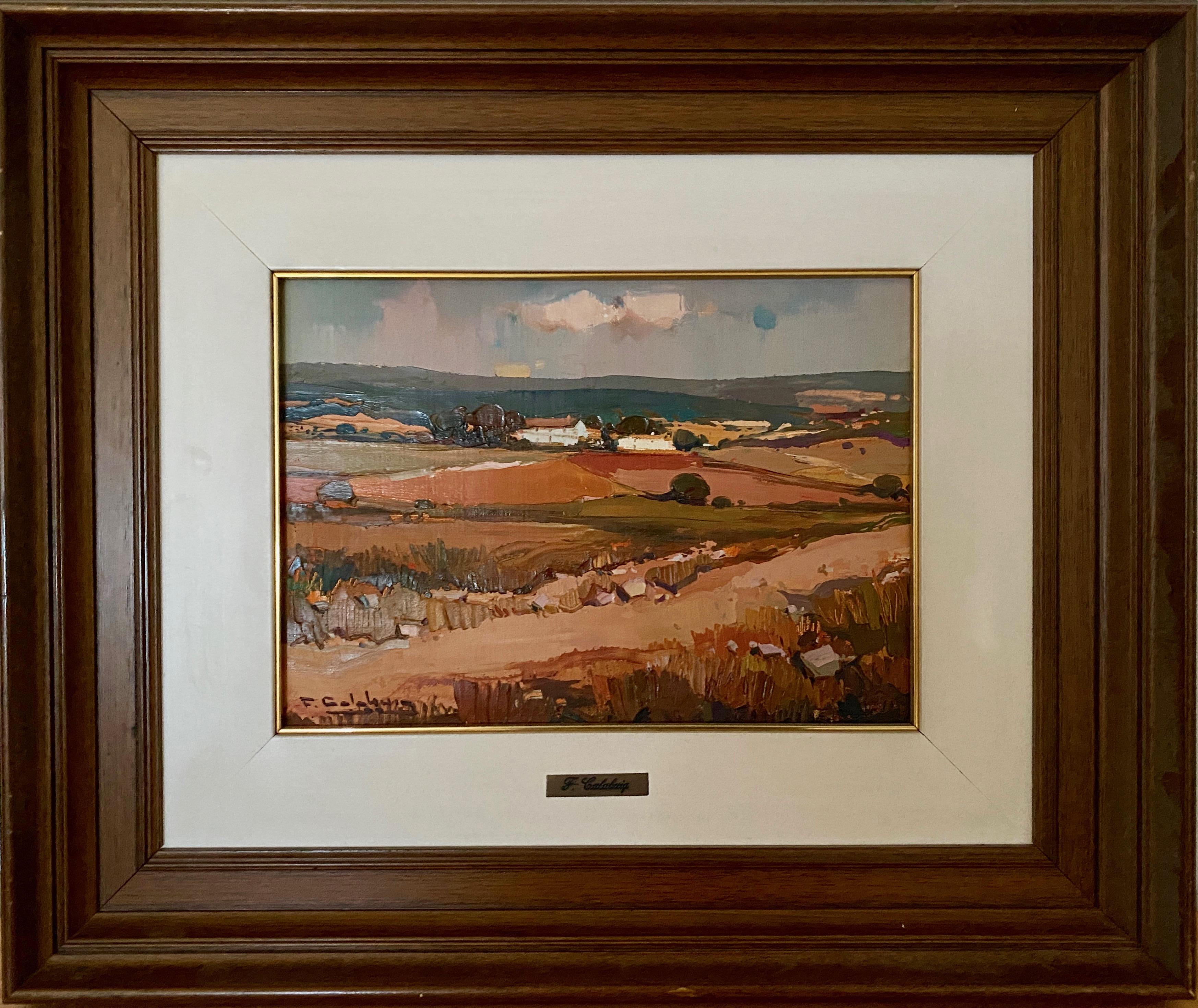 Braune ockerfarbene und graue Landschaften. Postimpressionistisches Öl – Painting von Francisco Calabuig