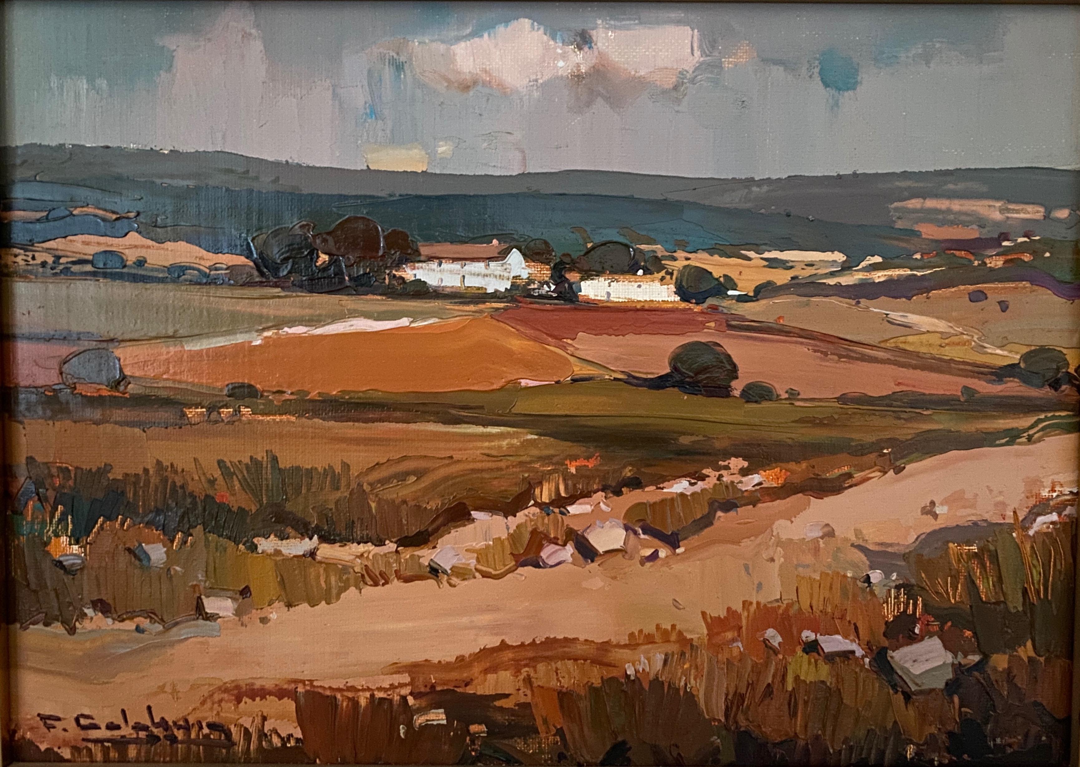 Brown ocher and grey countryside landscape. Oil postimpressionist style For Sale 3