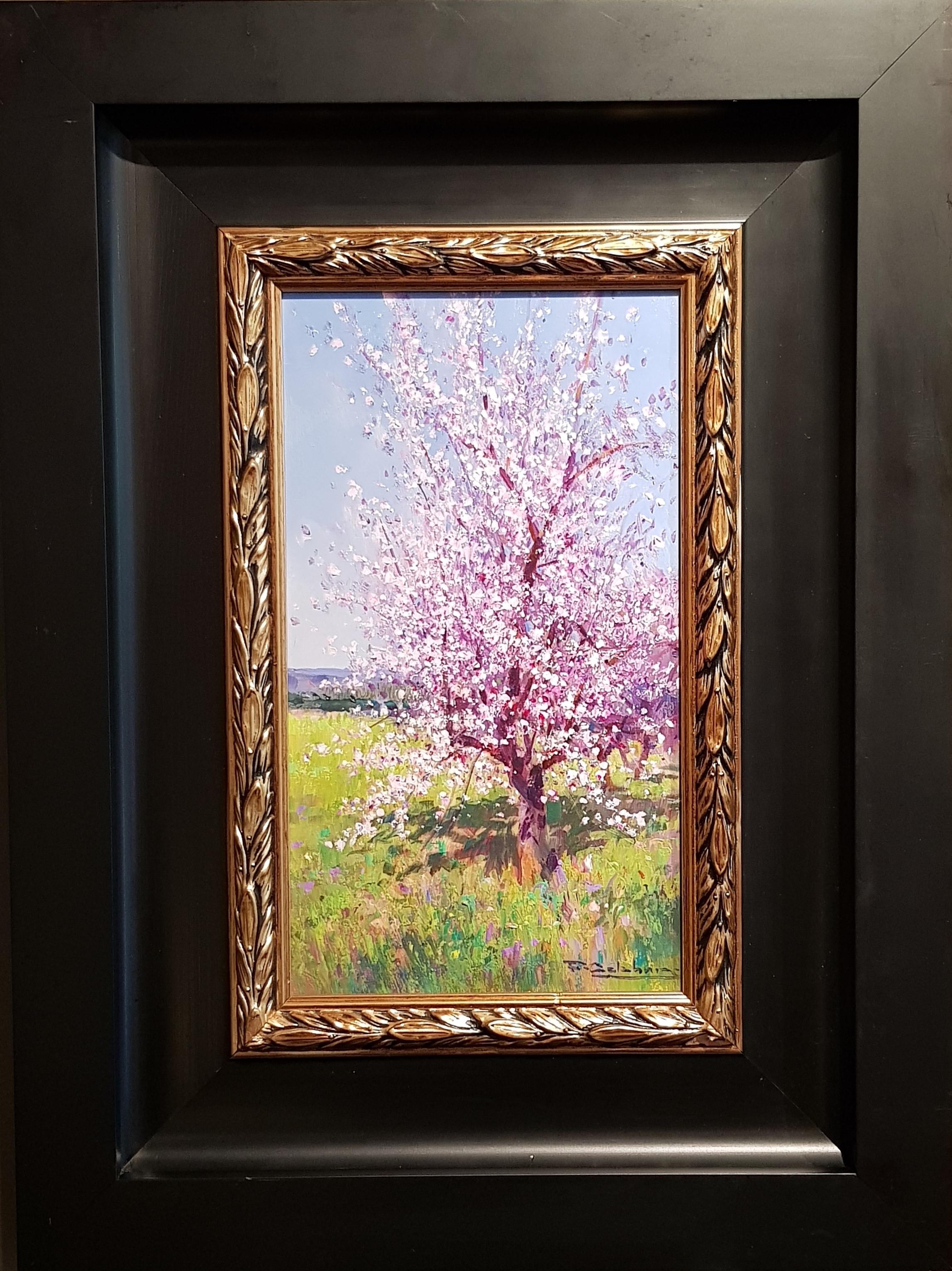 Contemporary Landscape painting of a Spanish Almond Orchard 'Blossom in Bloom I' - Painting by Francisco Calabuig