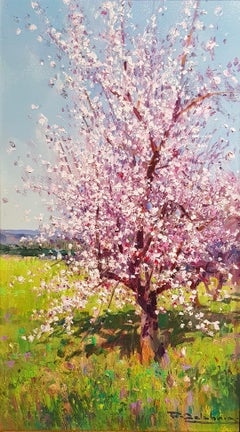 Contemporary Landscape painting of a Spanish Almond Orchard 'Blossom in Bloom I'