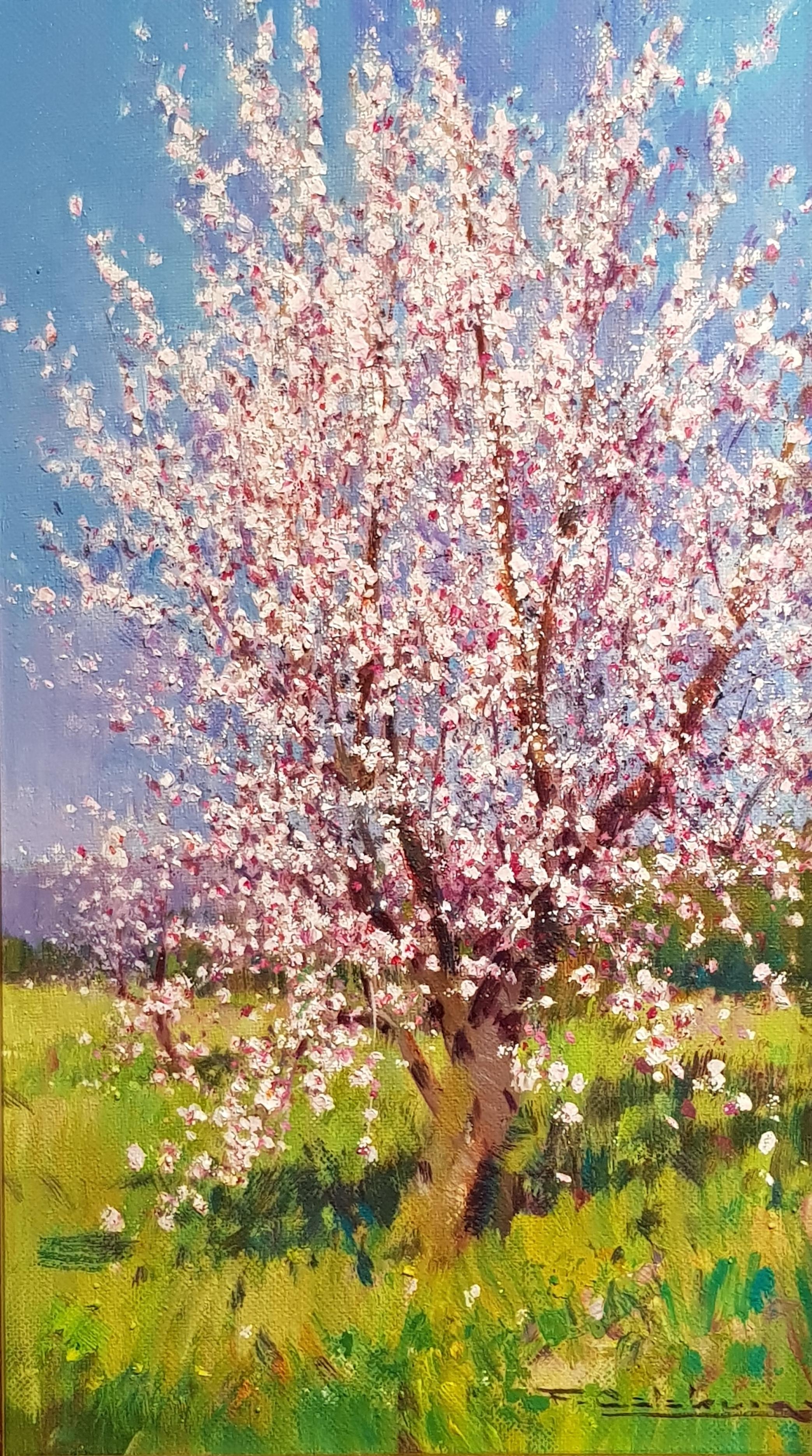 Peinture de paysage contemporaine d'un Almond Orchard espagnol 'Blossom in Bloom II'