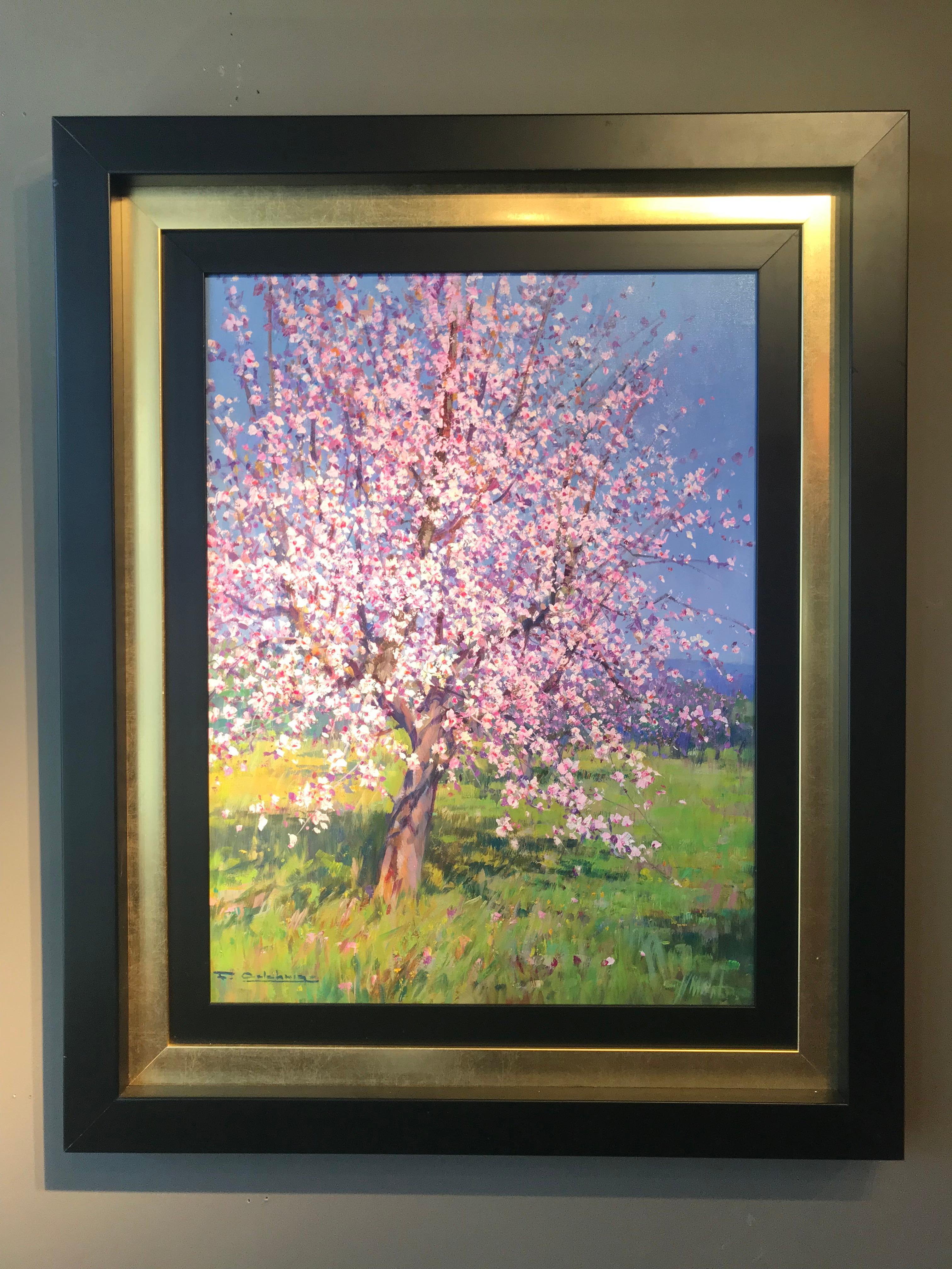 Contemporary Rural Pink Landscape painting of a Almond tree 'Blossom' byCalabuig - Painting by Francisco Calabuig