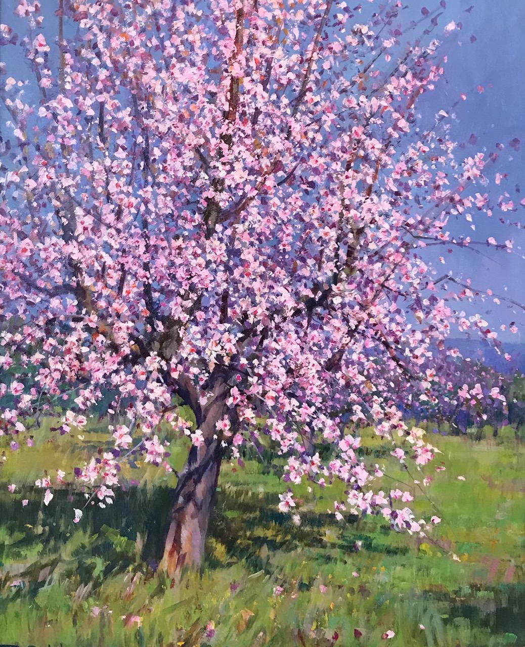 Francisco Calabuig Landscape Painting - Contemporary Rural Pink Landscape painting of a Almond tree 'Blossom' byCalabuig