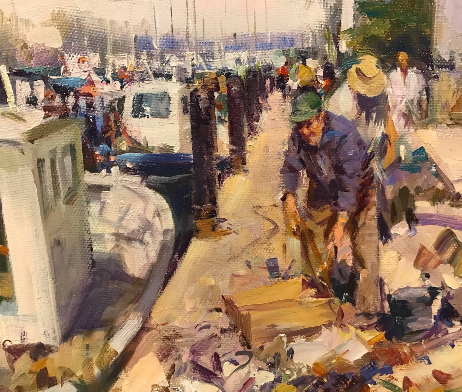 Harbour, fisherman, port, boats, nets - Painting by Francisco Calabuig