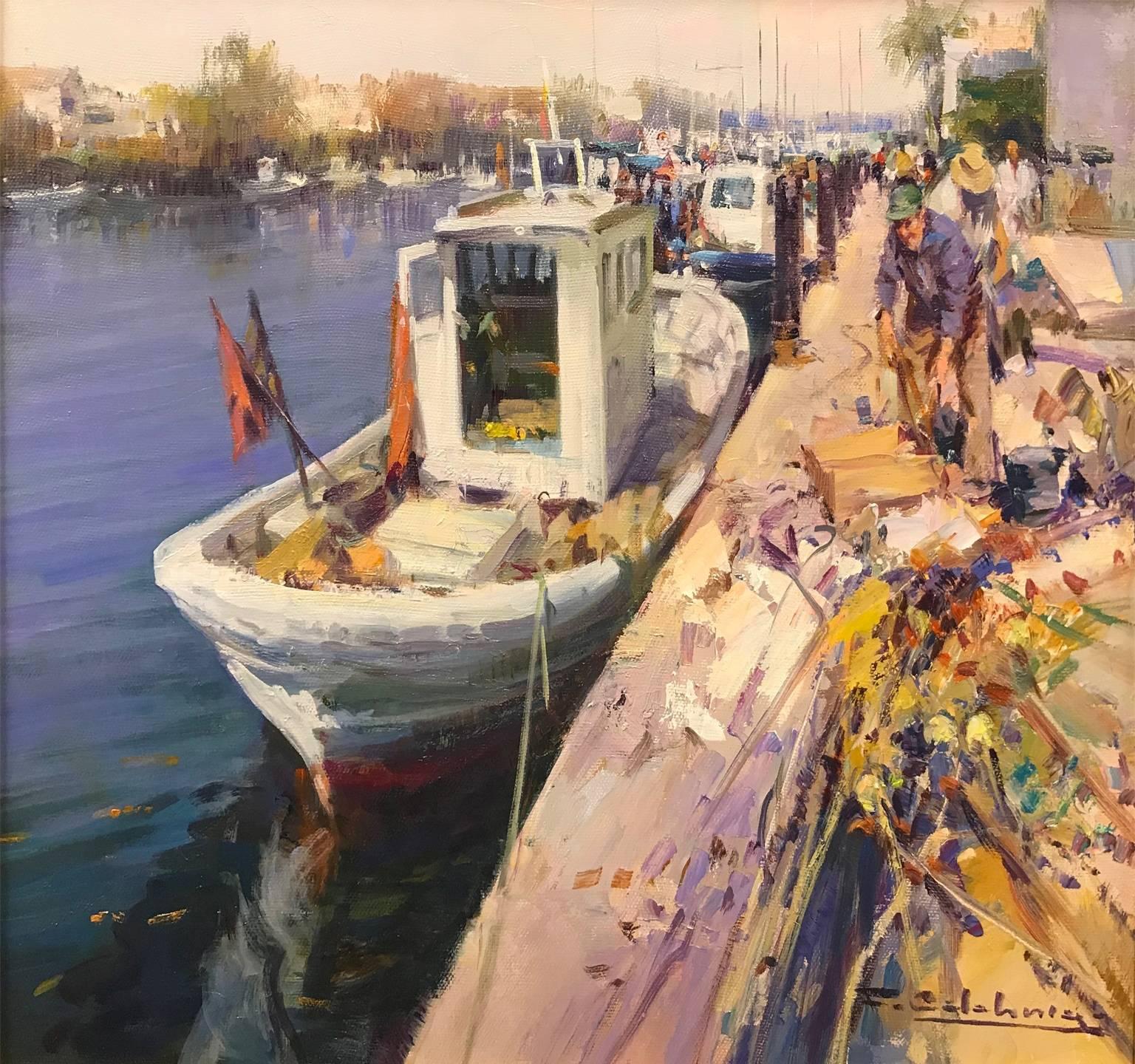 Francisco Calabuig Landscape Painting - Harbour, fisherman, port, boats, nets
