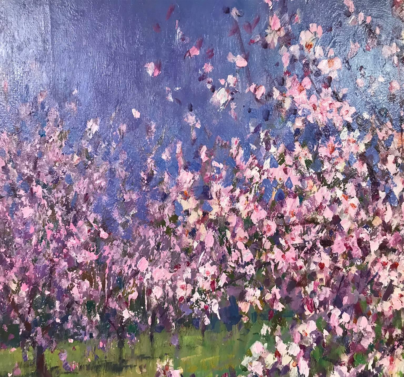 LANDSCAPE, ALMOND TREE FLOWERED. - Gray Interior Painting by Francisco Calabuig