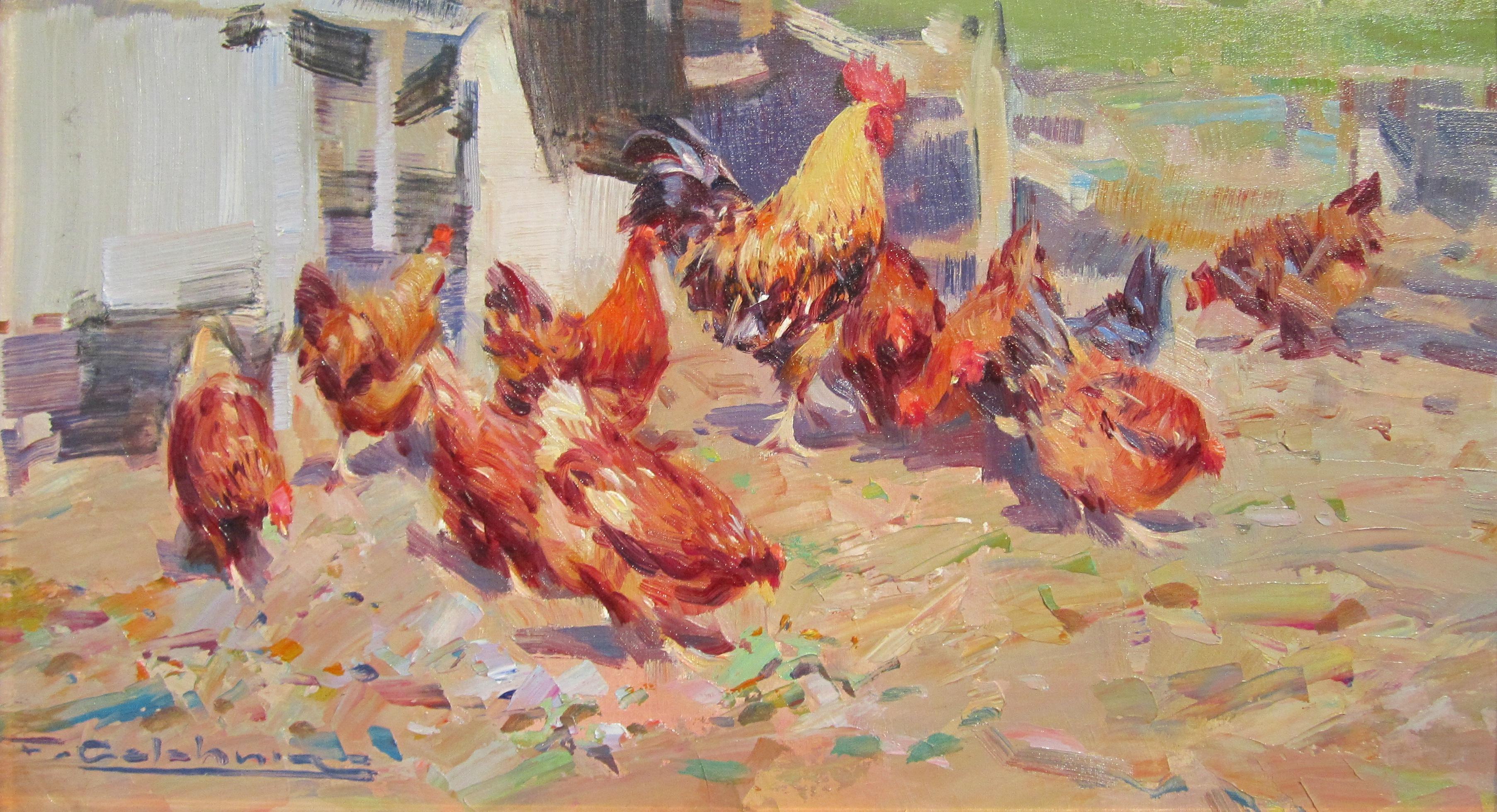 'Las Gallinas' Contemporary colourful painting of chickens and cockerel - Painting by Francisco Calabuig