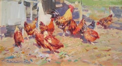 'Las Gallinas' Contemporary colourful painting of chickens and cockerel