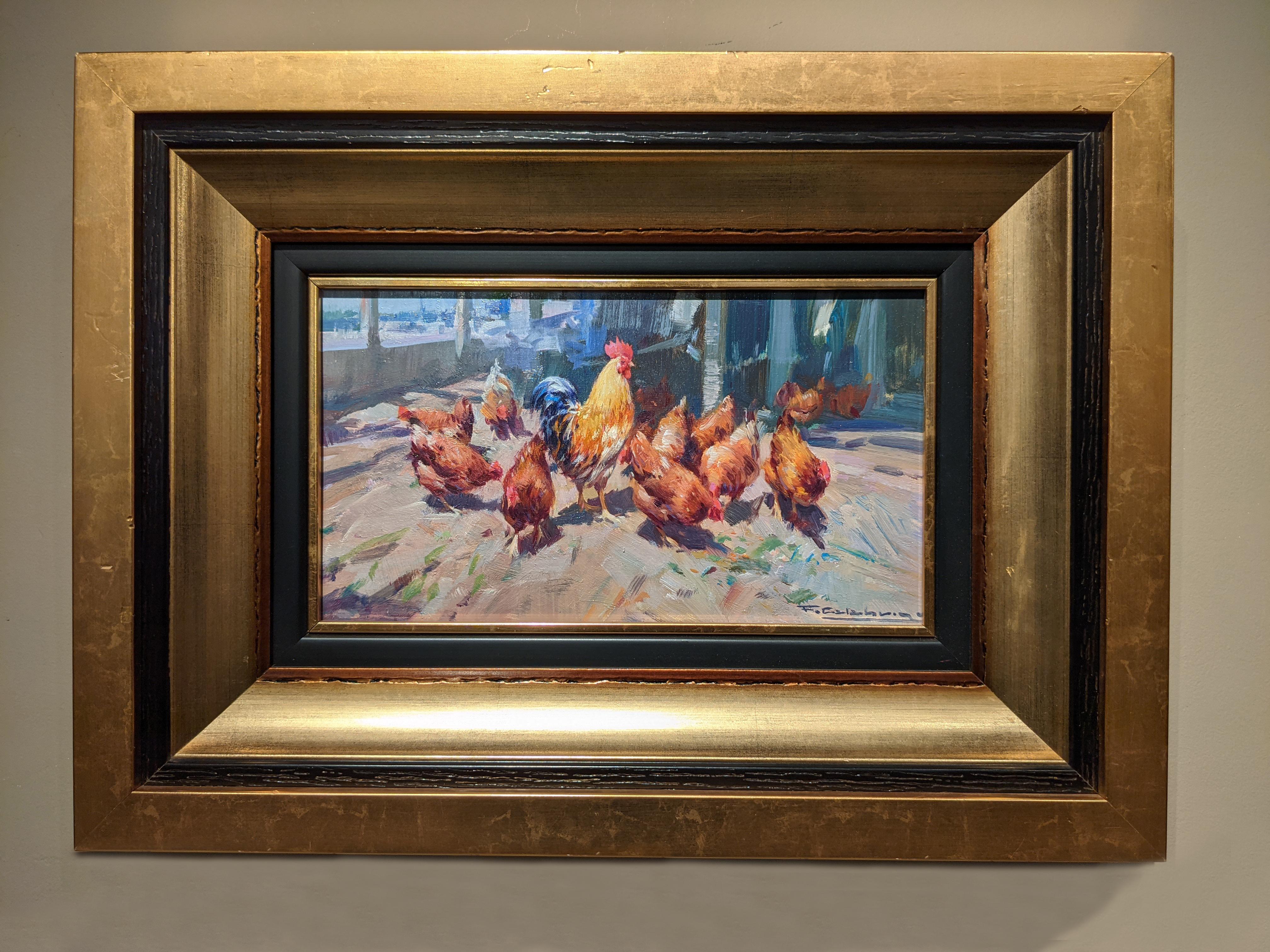 Francisco Calabuig Animal Painting - 'Las Gallinas' Contemporary colourful painting of chickens and cockerel