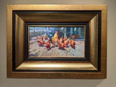 'Las Gallinas' Contemporary colourful painting of chickens and cockerel