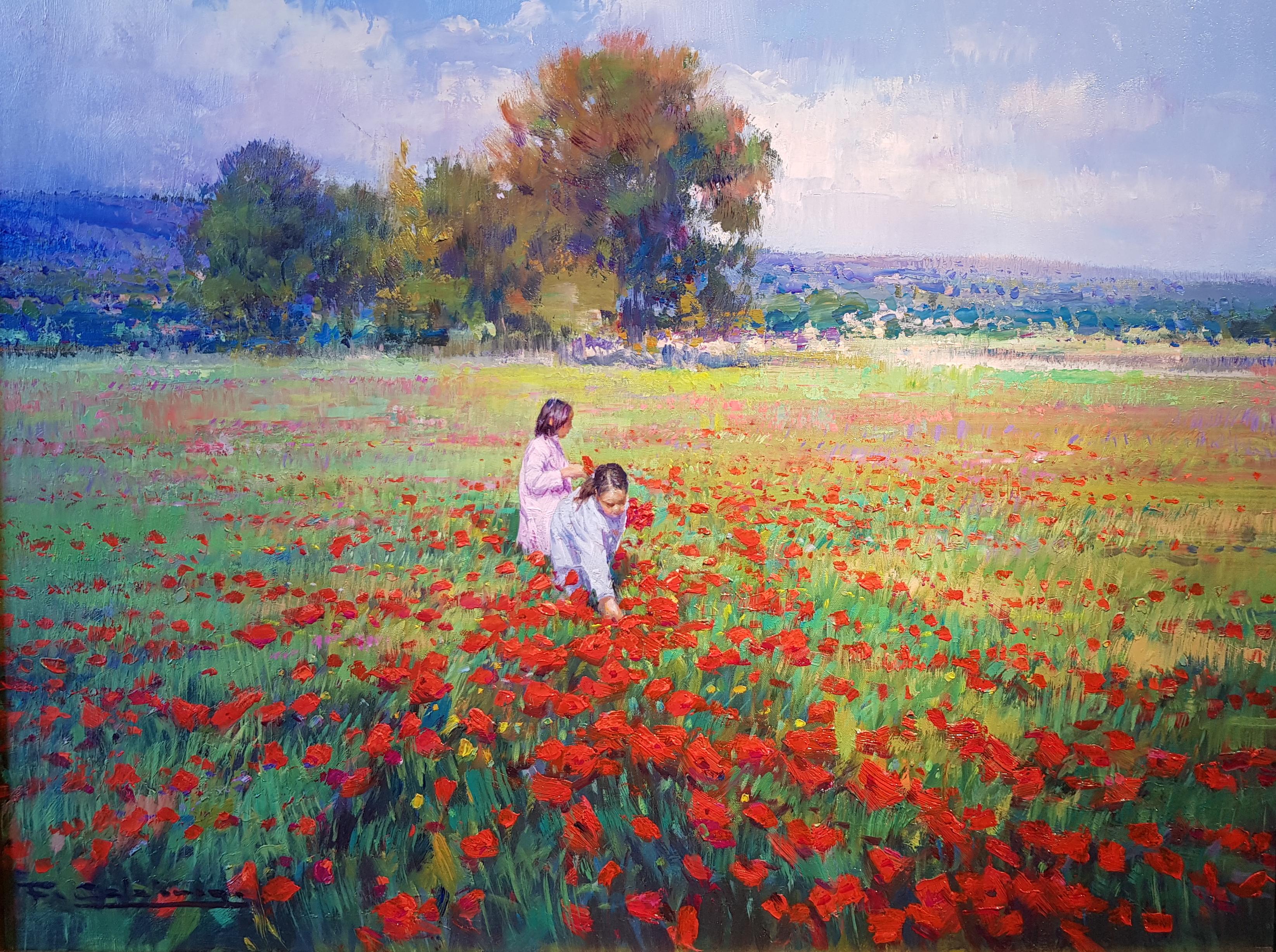 'Picking Poppies' Contemporary landscape painting with two figures, red, green  - Painting by Francisco Calabuig