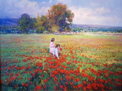 'Picking Poppies' Contemporary landscape painting with two figures, red, green
