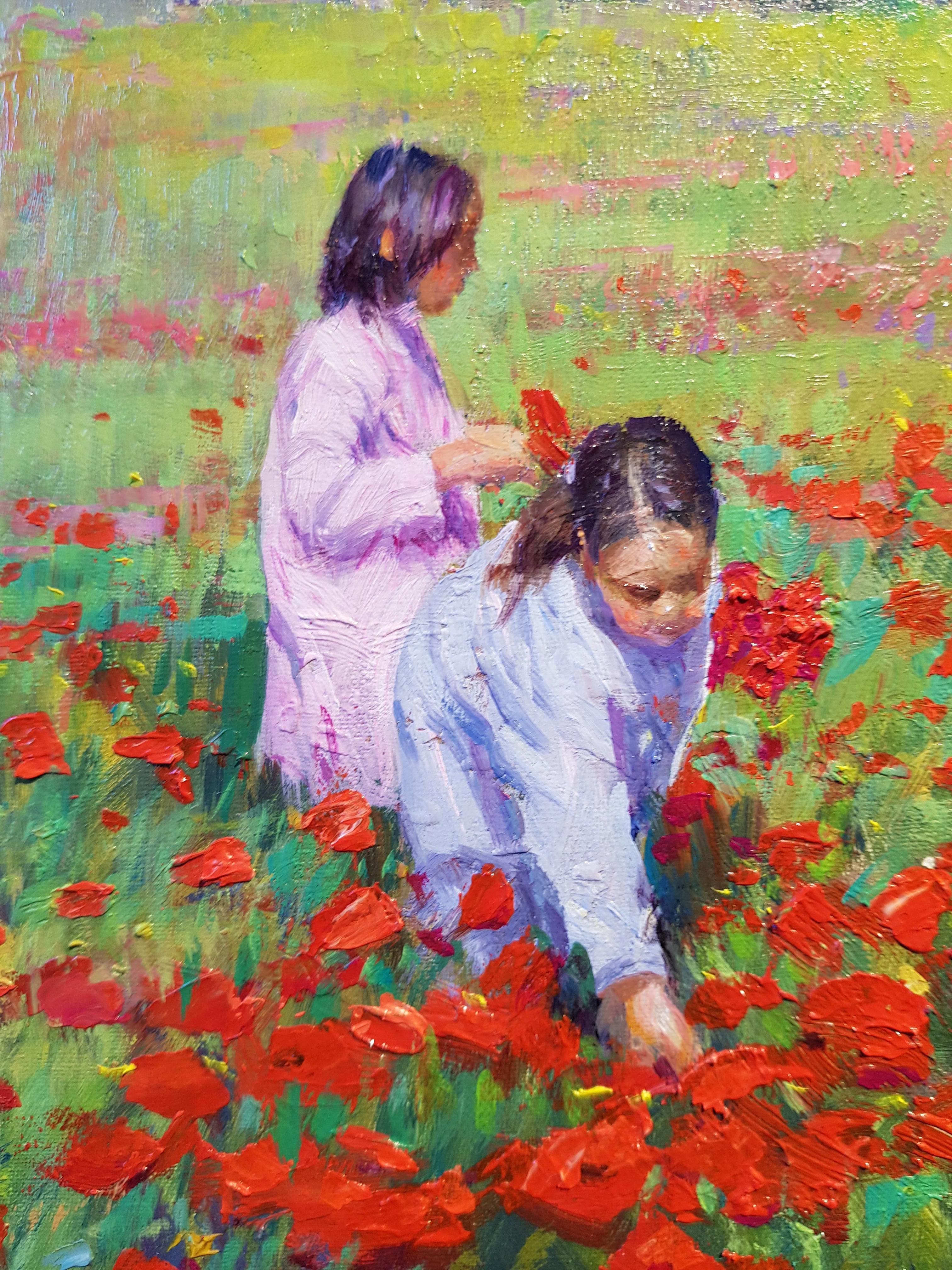 Peinture de paysage contemporaine « Picking Poppies » avec deux personnages, rouge, vert  - Marron Figurative Painting par Francisco Calabuig