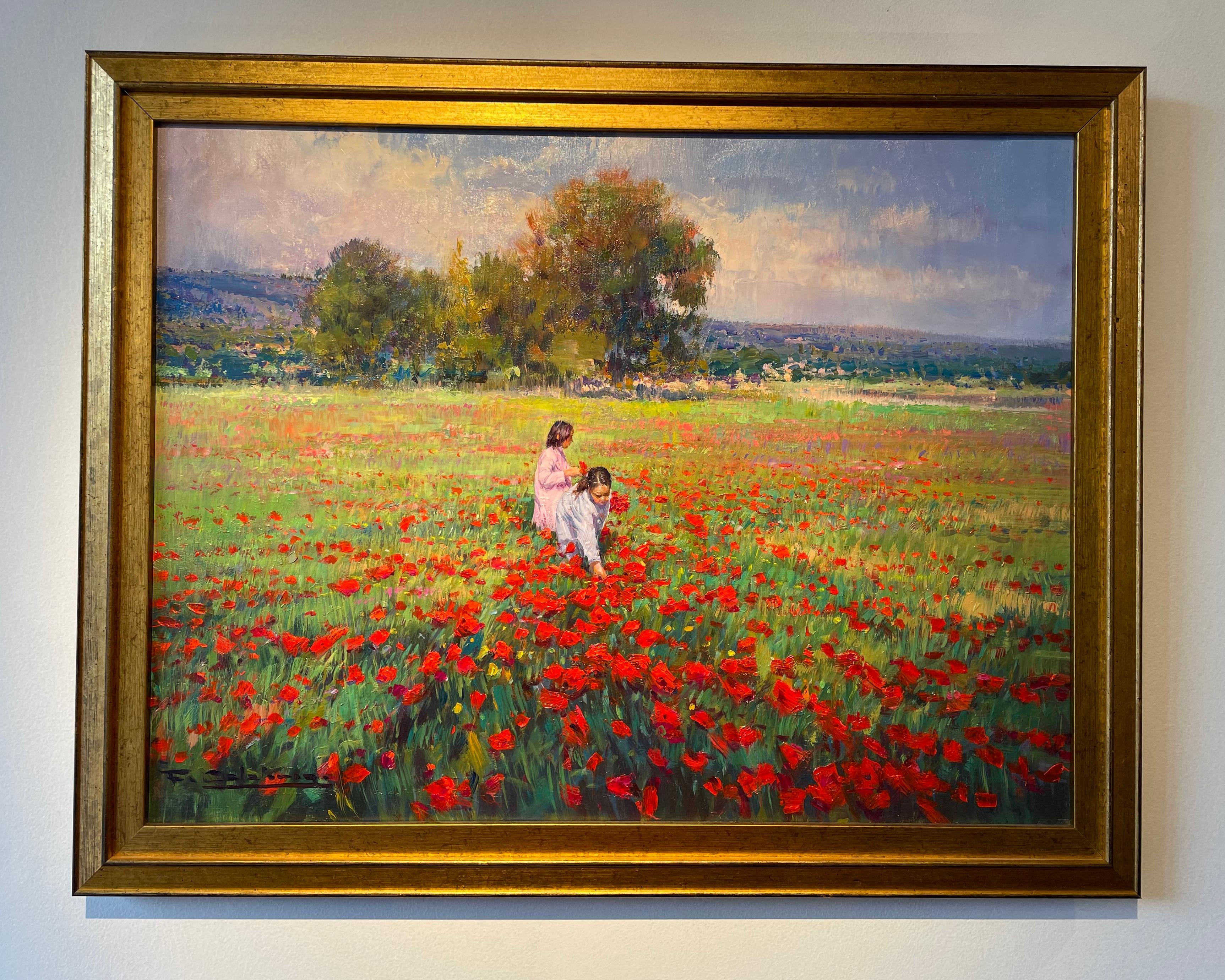 Figurative Painting Francisco Calabuig - Peinture de paysage contemporaine « Picking Poppies » avec deux personnages, rouge, vert 