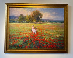 'Picking Poppies' Contemporary landscape painting with two figures, red, green 