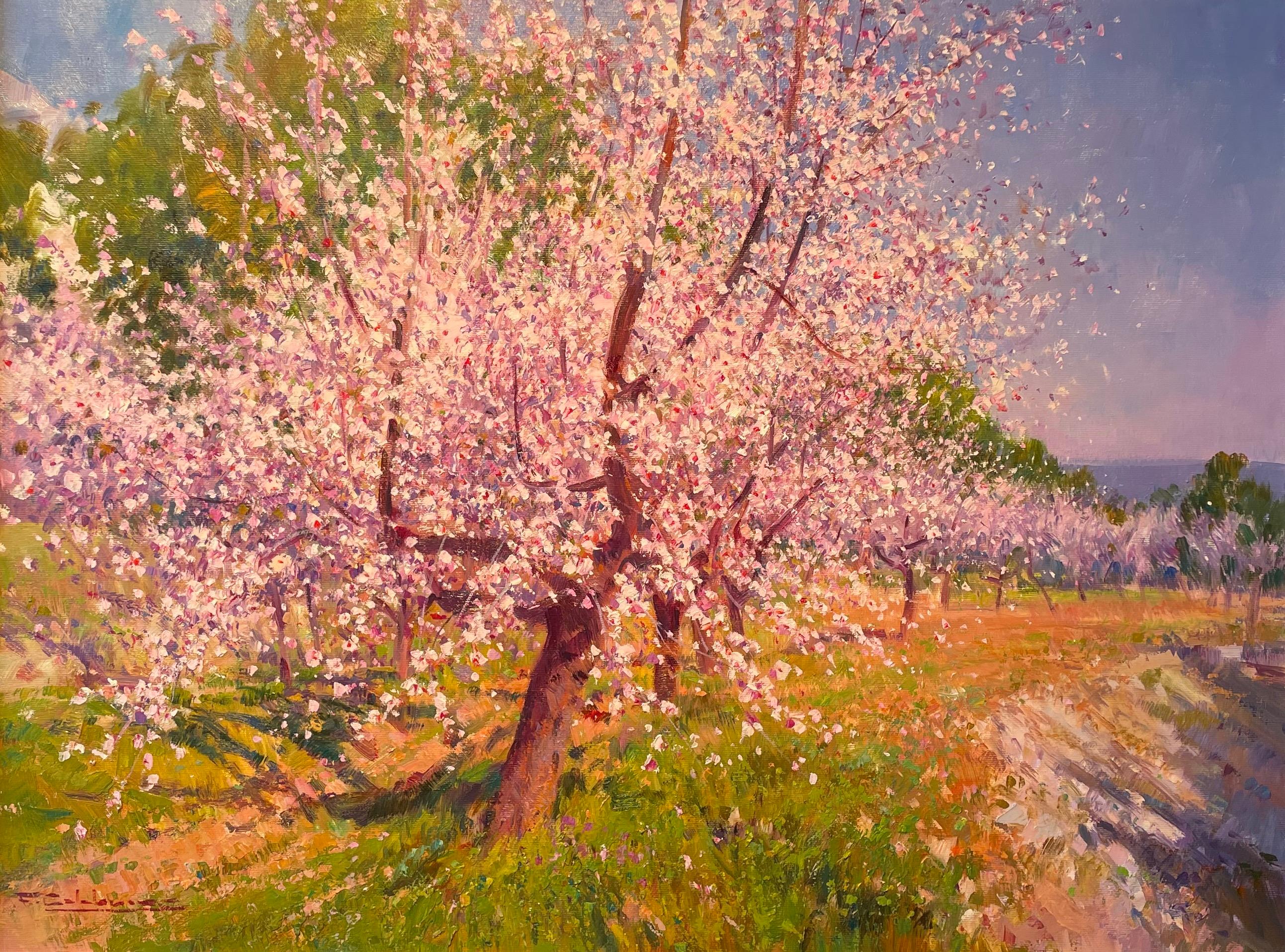 'Pink Blossom Trees' Contemporary Landscape painting of trees, green landscape - Painting by Francisco Calabuig
