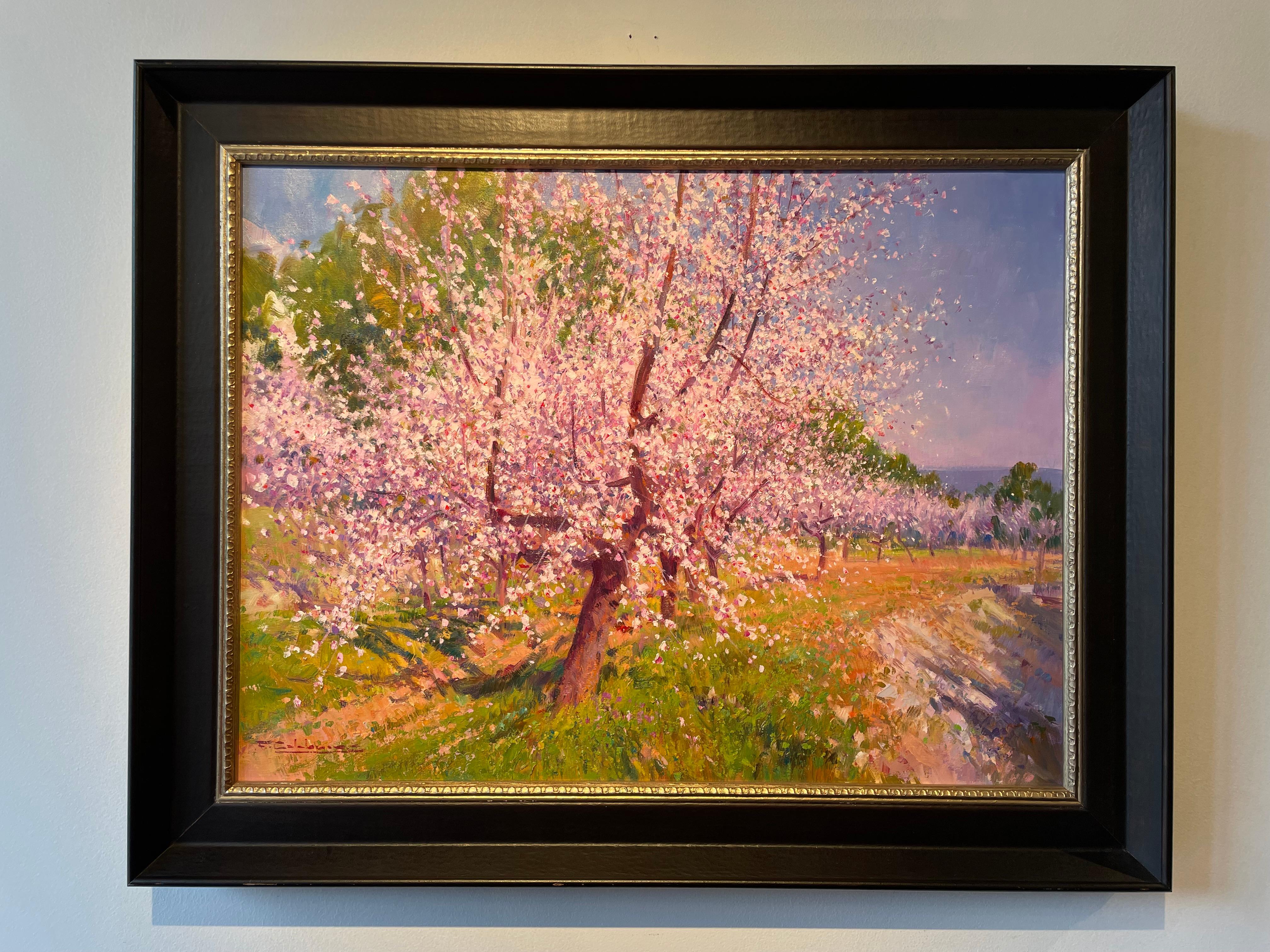 Francisco Calabuig Landscape Painting - 'Pink Blossom Trees' Contemporary Landscape painting of trees, green landscape