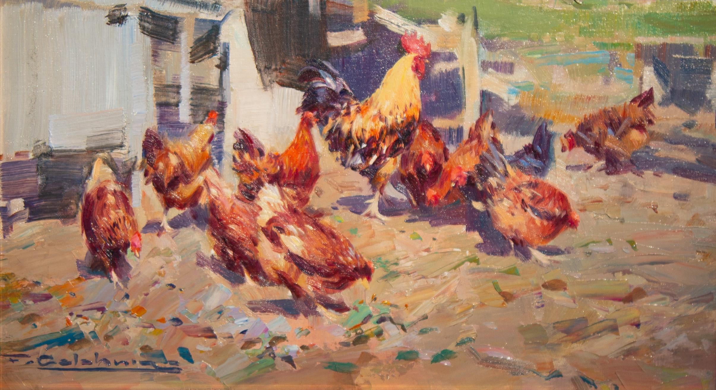 The Farmyard' Peinture contemporaine représentant des poules et un coq dans un décor de ferme. - Painting de Francisco Calabuig