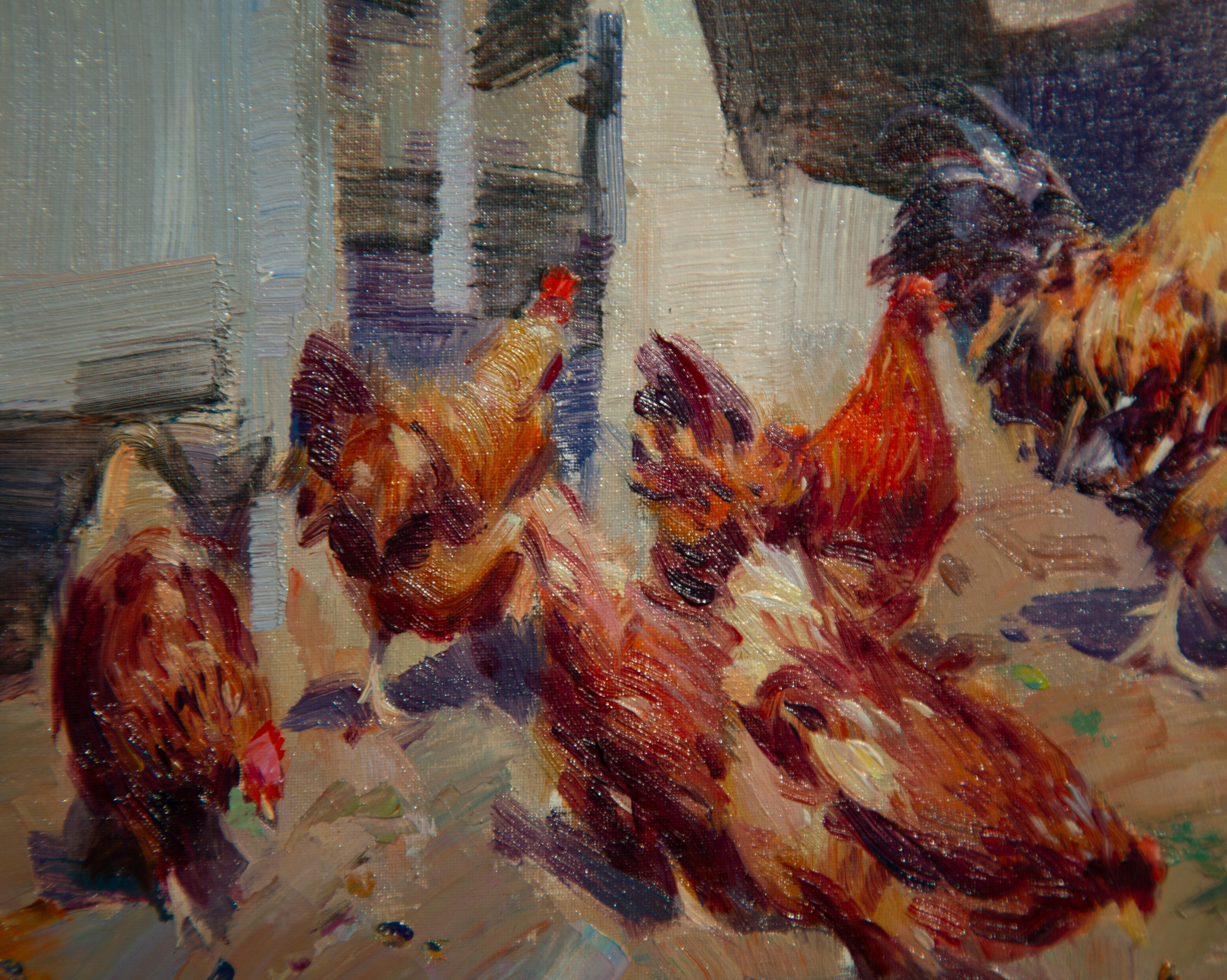 'The Farmyard' Contemporary painting of chickens, cockerel in a farm setting - Impressionist Painting by Francisco Calabuig