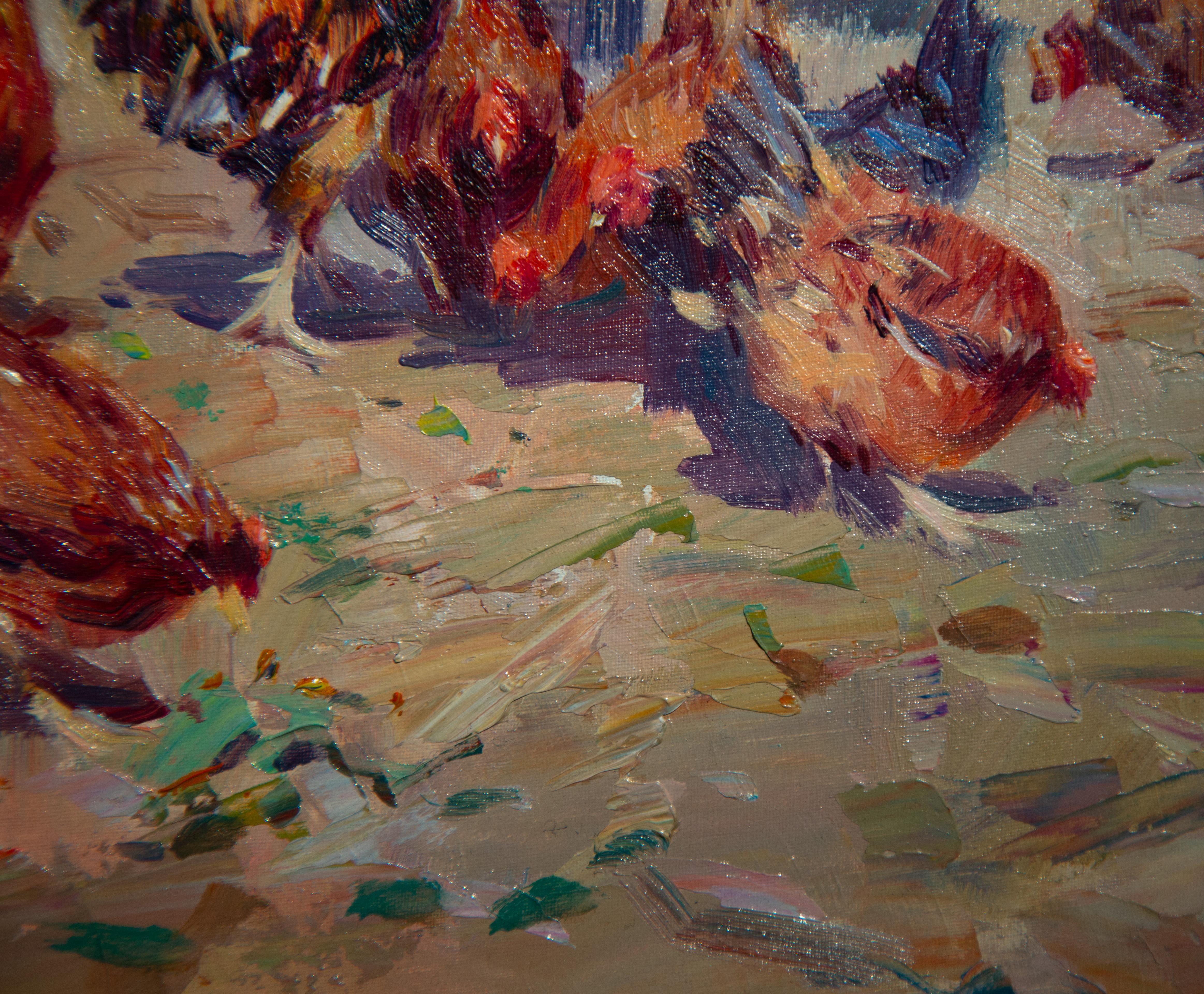 La cour de ferme est un bel exemple de l'œuvre de Calabuig, qui capture la scène étonnante de la cour de ferme avec le poulet et le coq. La magnifique palette de couleurs et l'attention portée aux détails font que cette pièce saute aux yeux.

