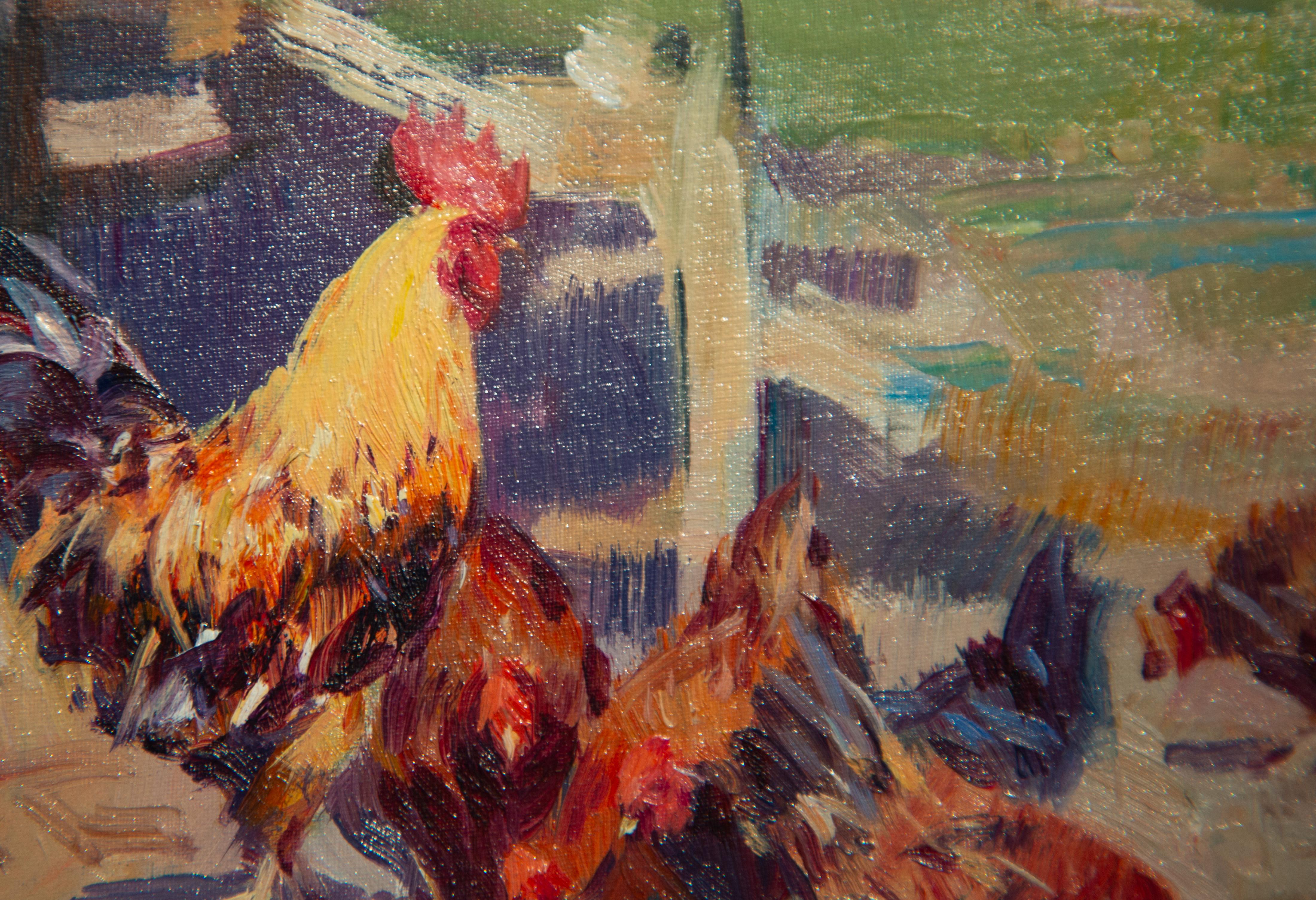 The Farmyard' Peinture contemporaine représentant des poules et un coq dans un décor de ferme. en vente 1