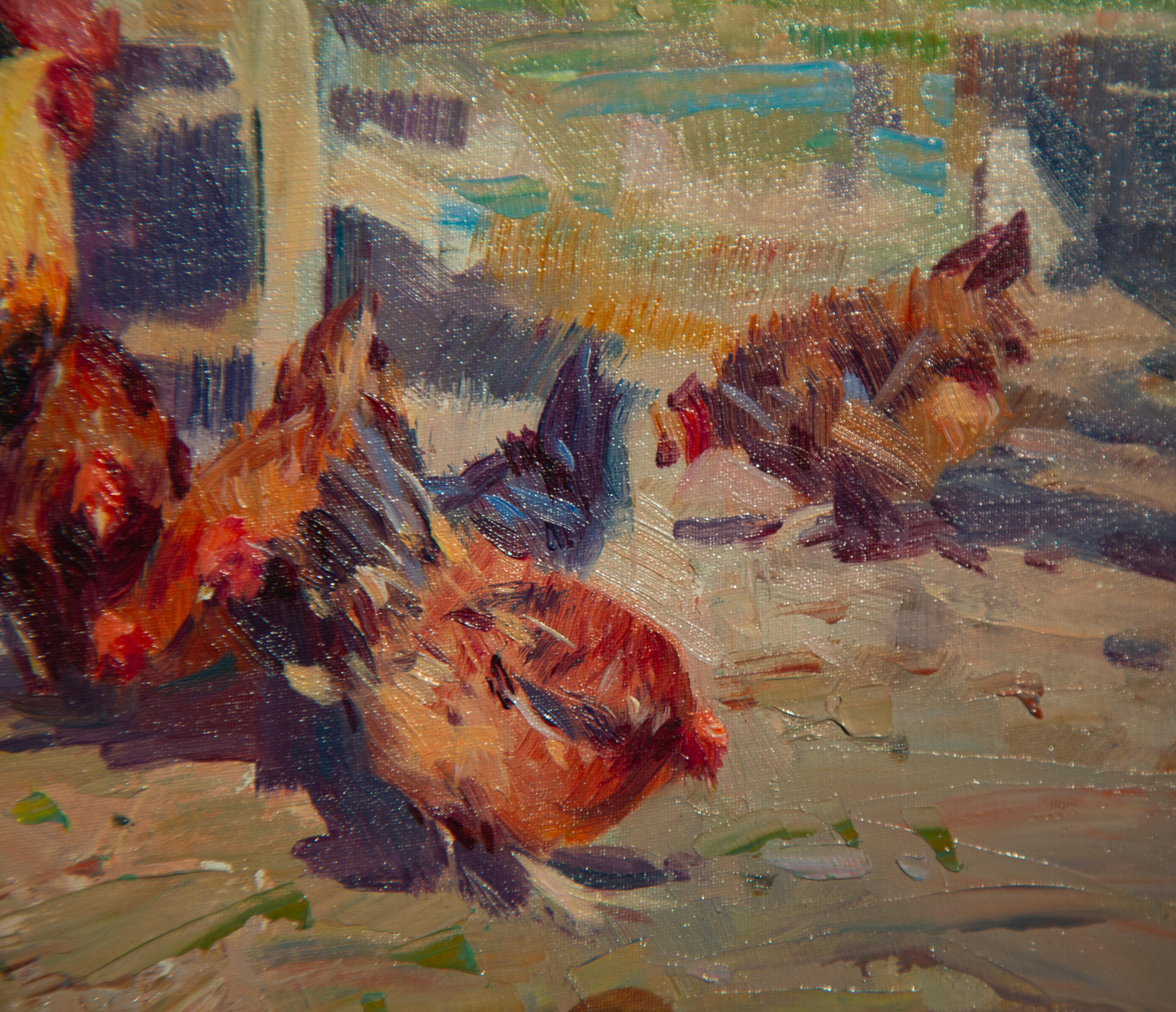 The Farmyard' Peinture contemporaine représentant des poules et un coq dans un décor de ferme. en vente 2
