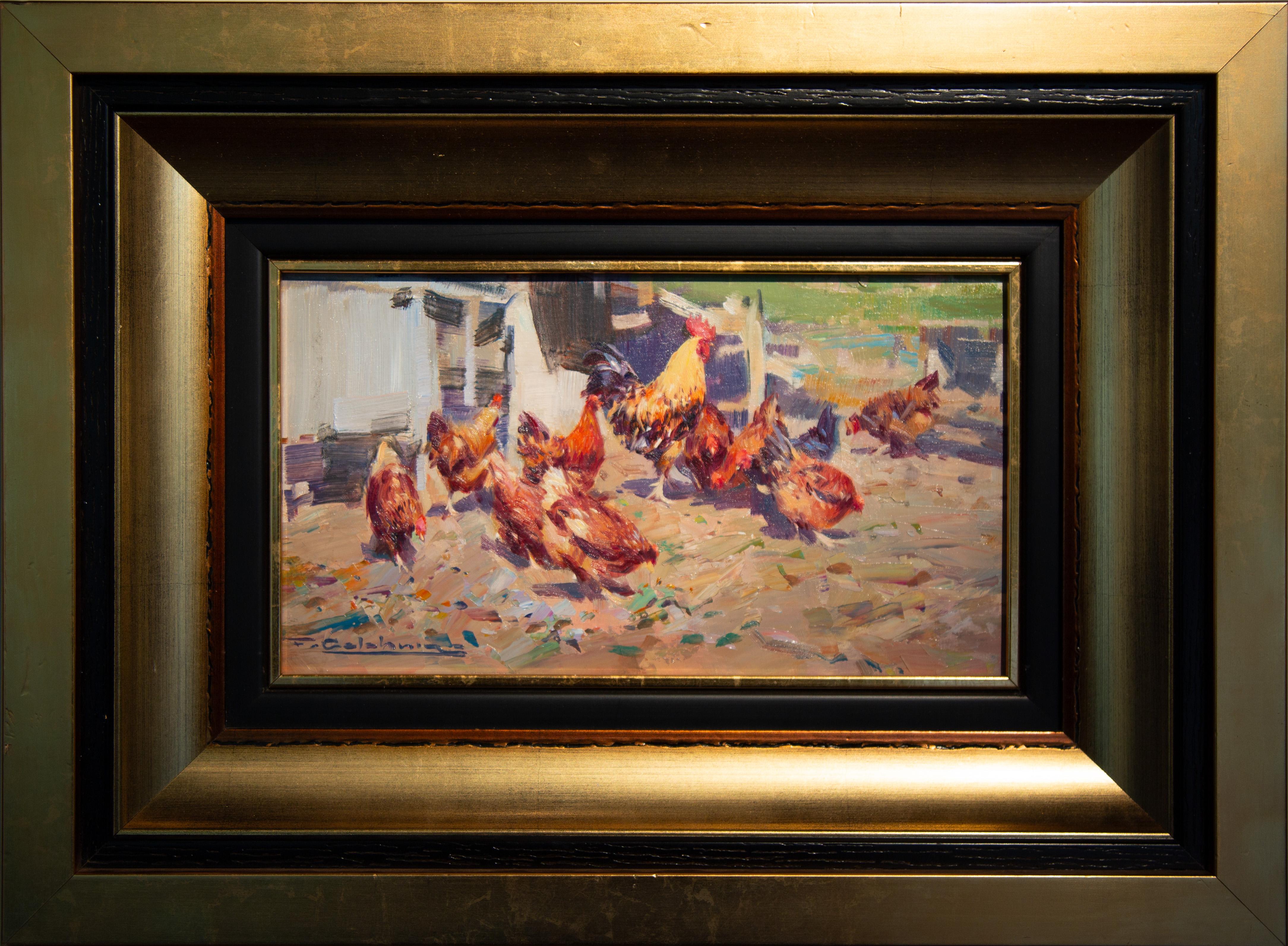 Animal Painting Francisco Calabuig - The Farmyard' Peinture contemporaine représentant des poules et un coq dans un décor de ferme.