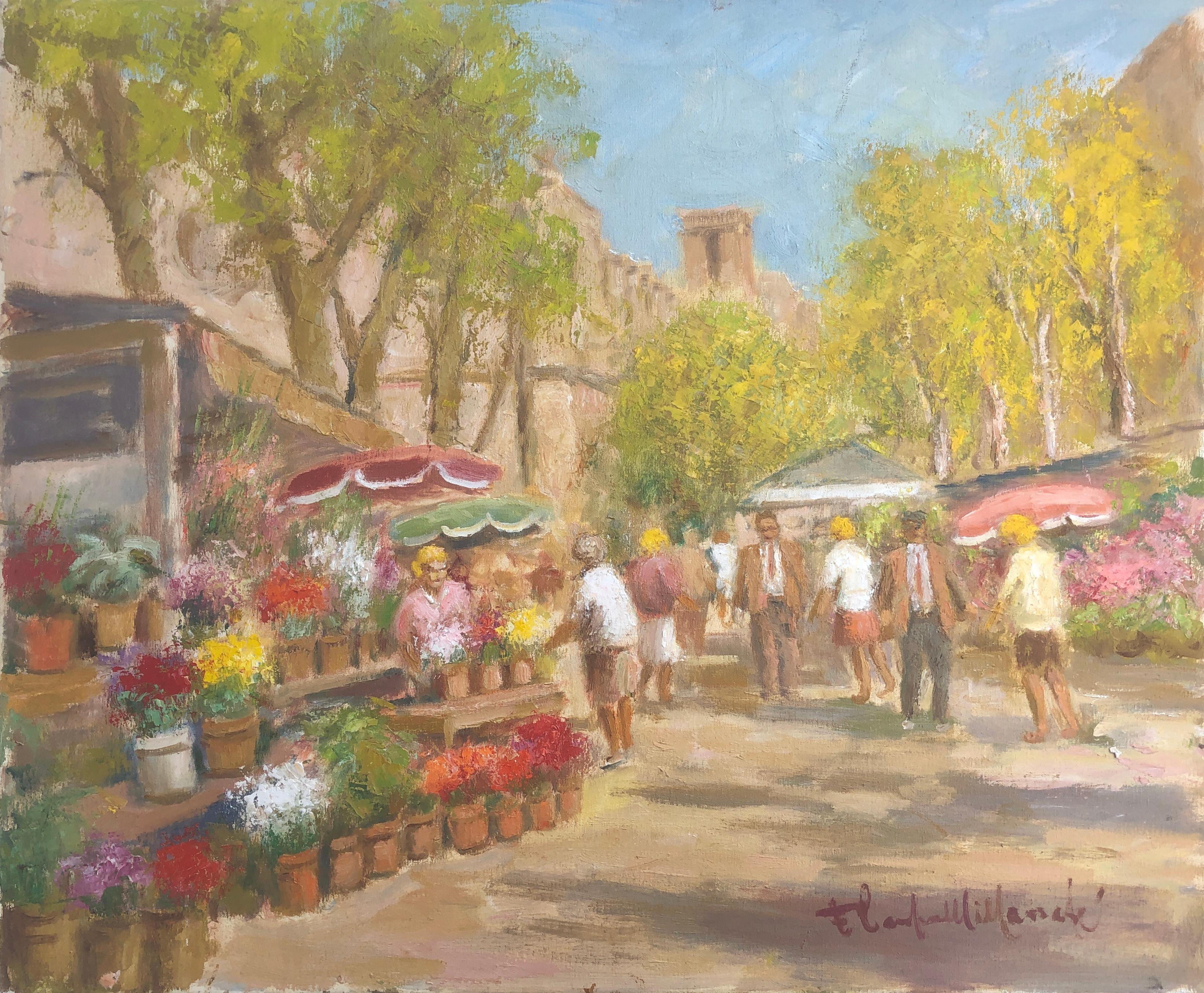 Francisco Carbonell Massabe Landscape Painting - Barcelona Spain oil on canvas painting Rambla flowers urbanscape