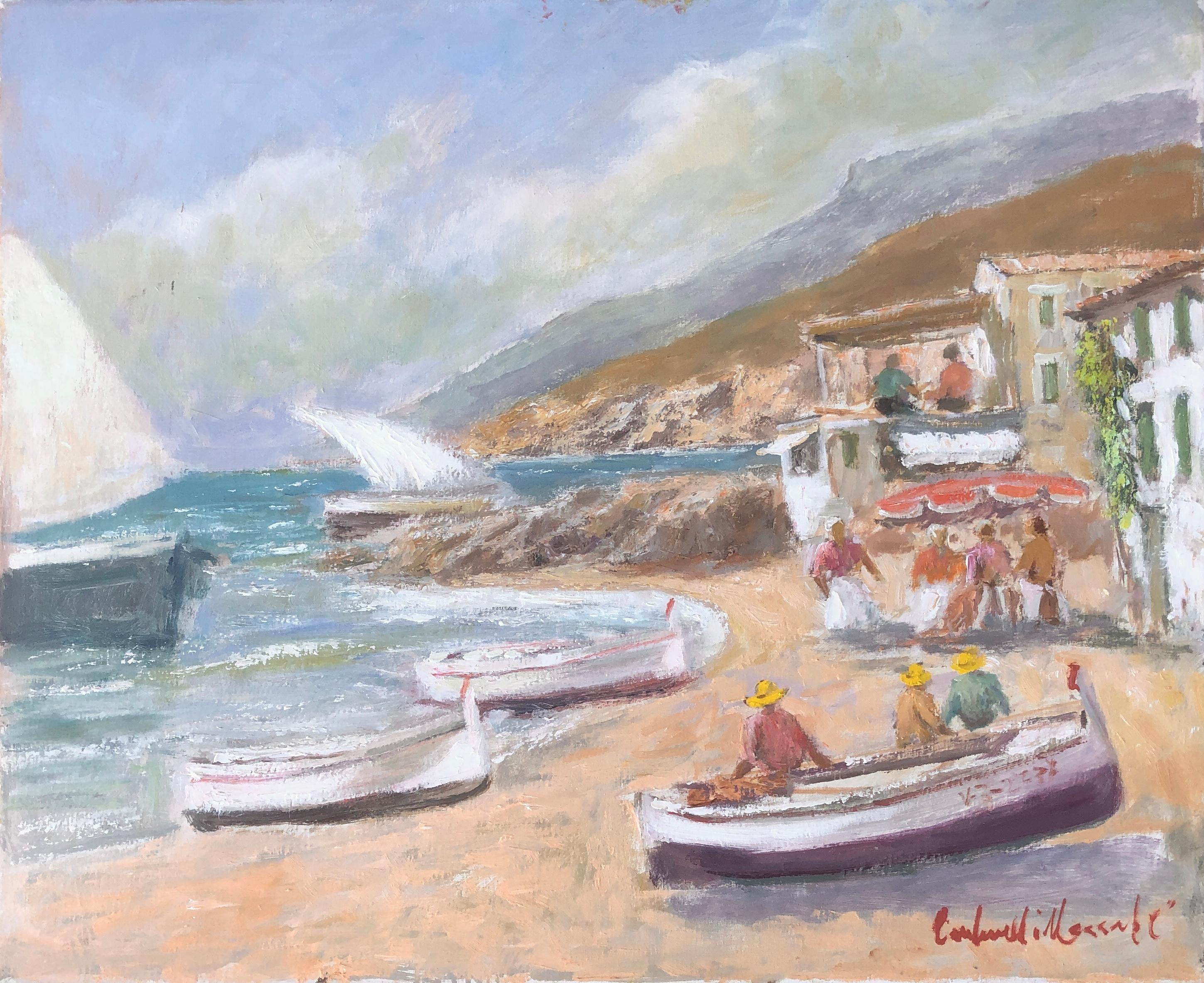 Francisco Carbonell Massabe Landscape Painting - menders on the beach Spain oil on canvas painting spanish seascape