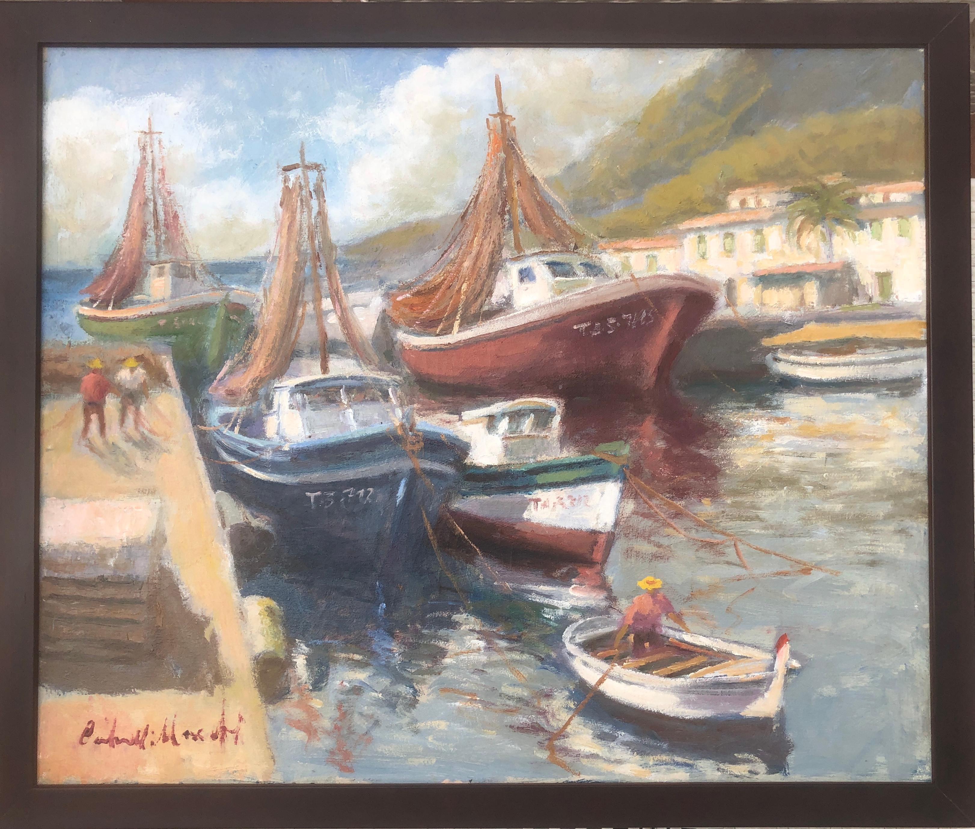 Tarragona fishing port Spain oil on canvas painting spanish seascape - Painting by Francisco Carbonell Massabe