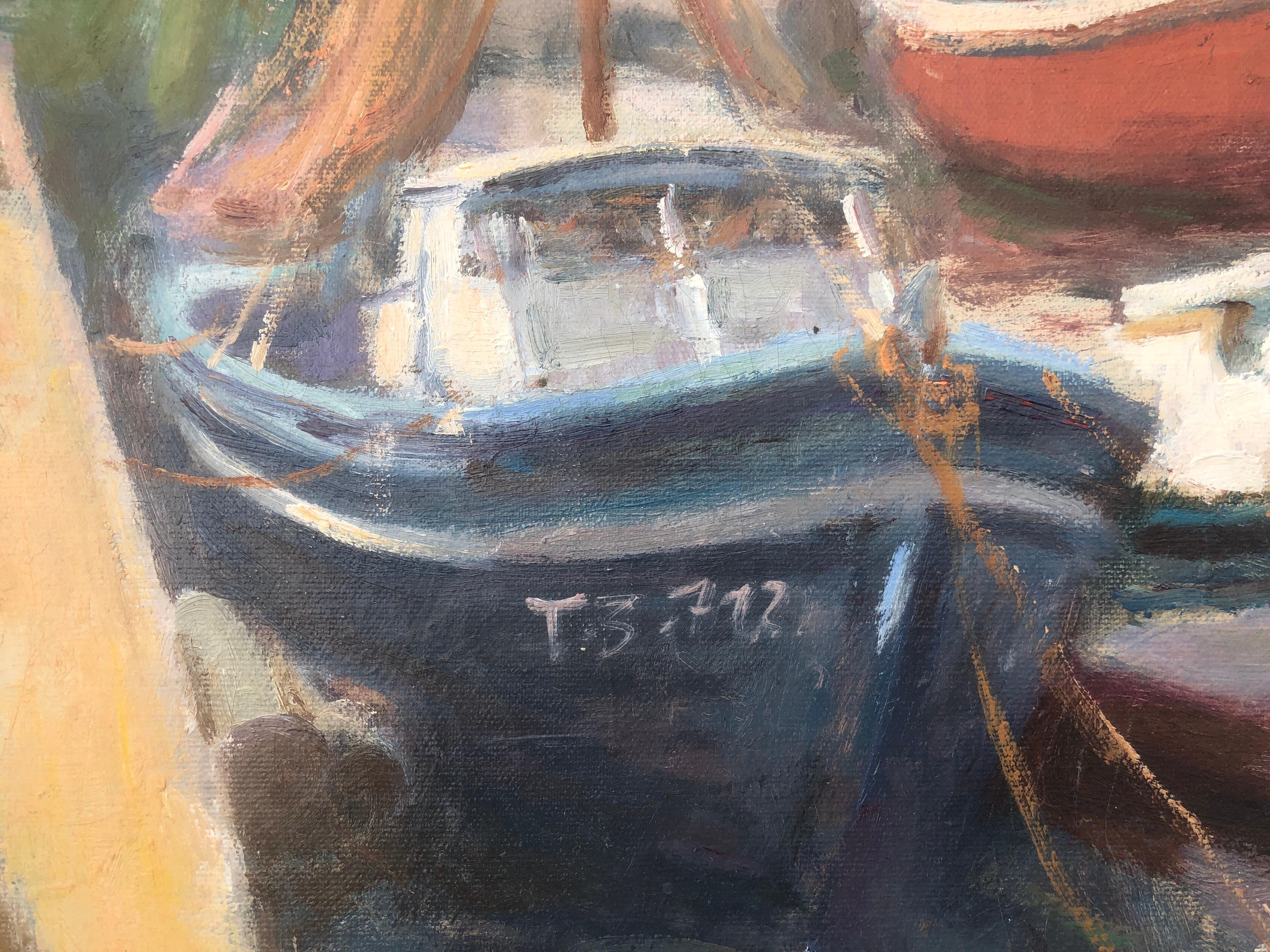 Tarragona fishing port Spain oil on canvas painting spanish seascape - Brown Figurative Painting by Francisco Carbonell Massabe