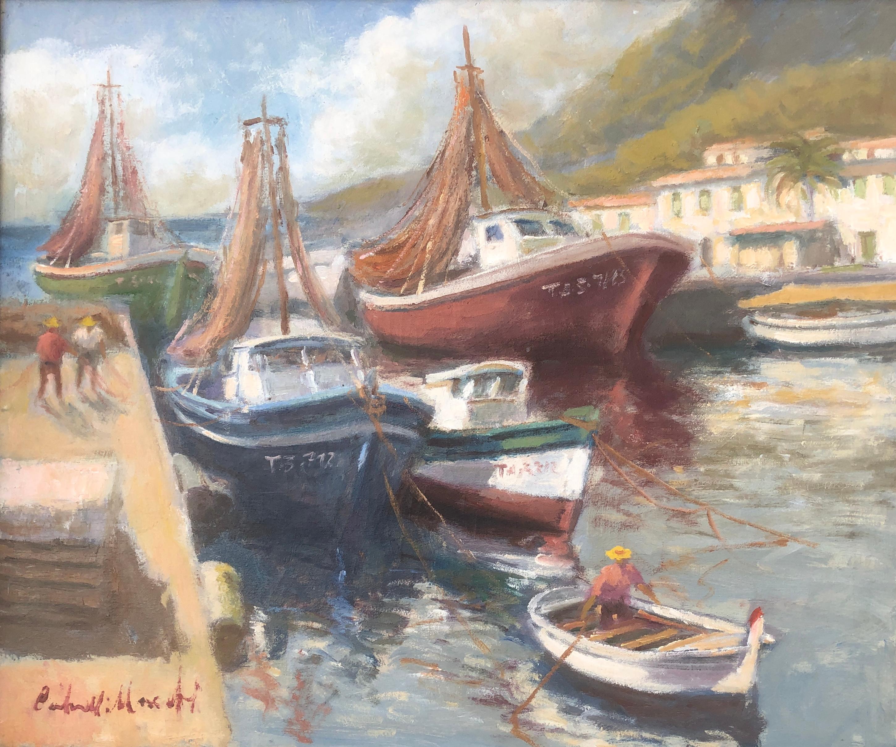 Francisco Carbonell Massabe Figurative Painting - Tarragona fishing port Spain oil on canvas painting spanish seascape