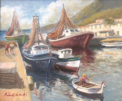 Vintage Tarragona fishing port Spain oil on canvas painting spanish seascape