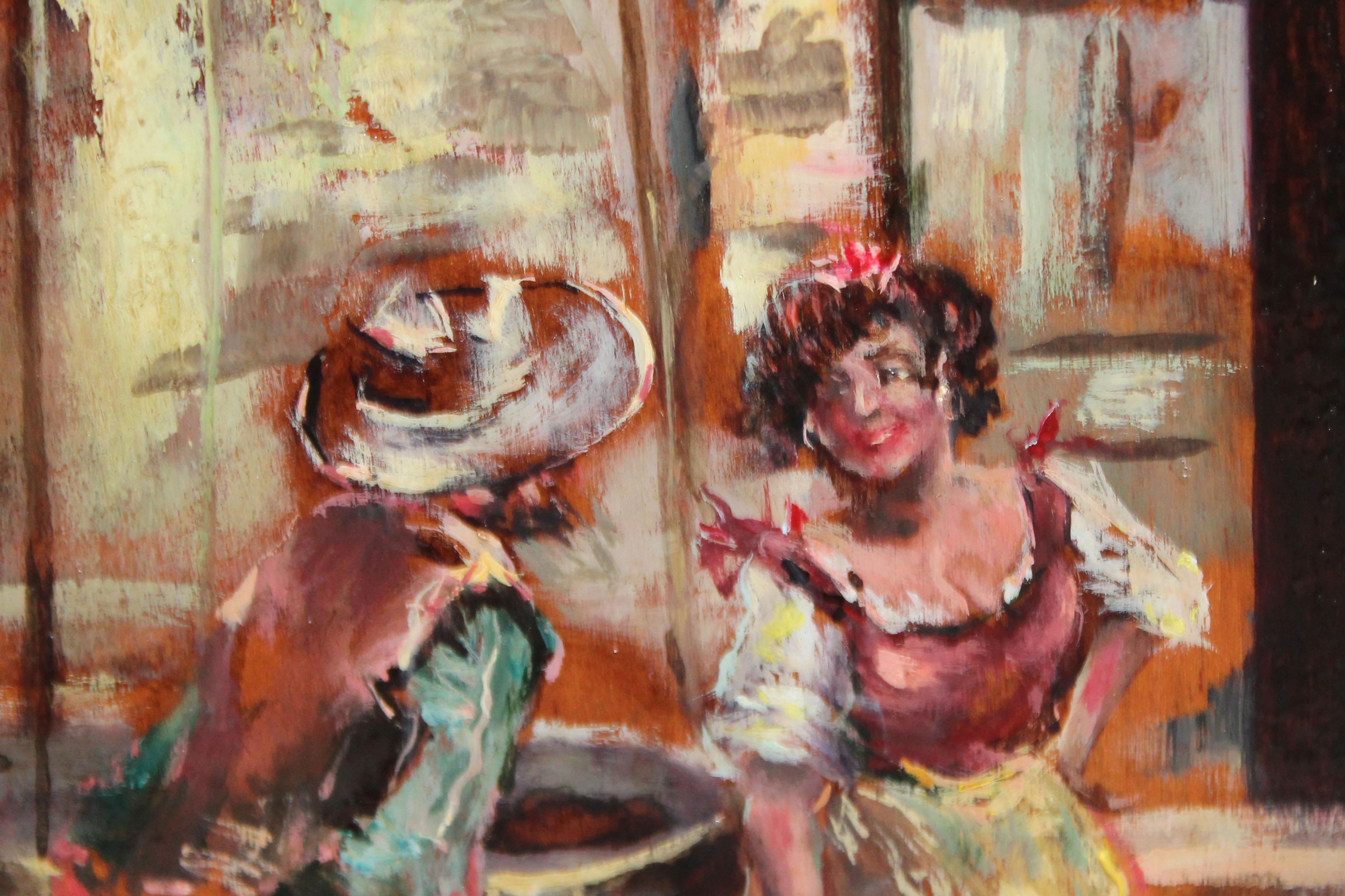 Óleo sobre tabla - Pareja conversando (Beige), Figurative Painting, von Francisco Domingo Marqués