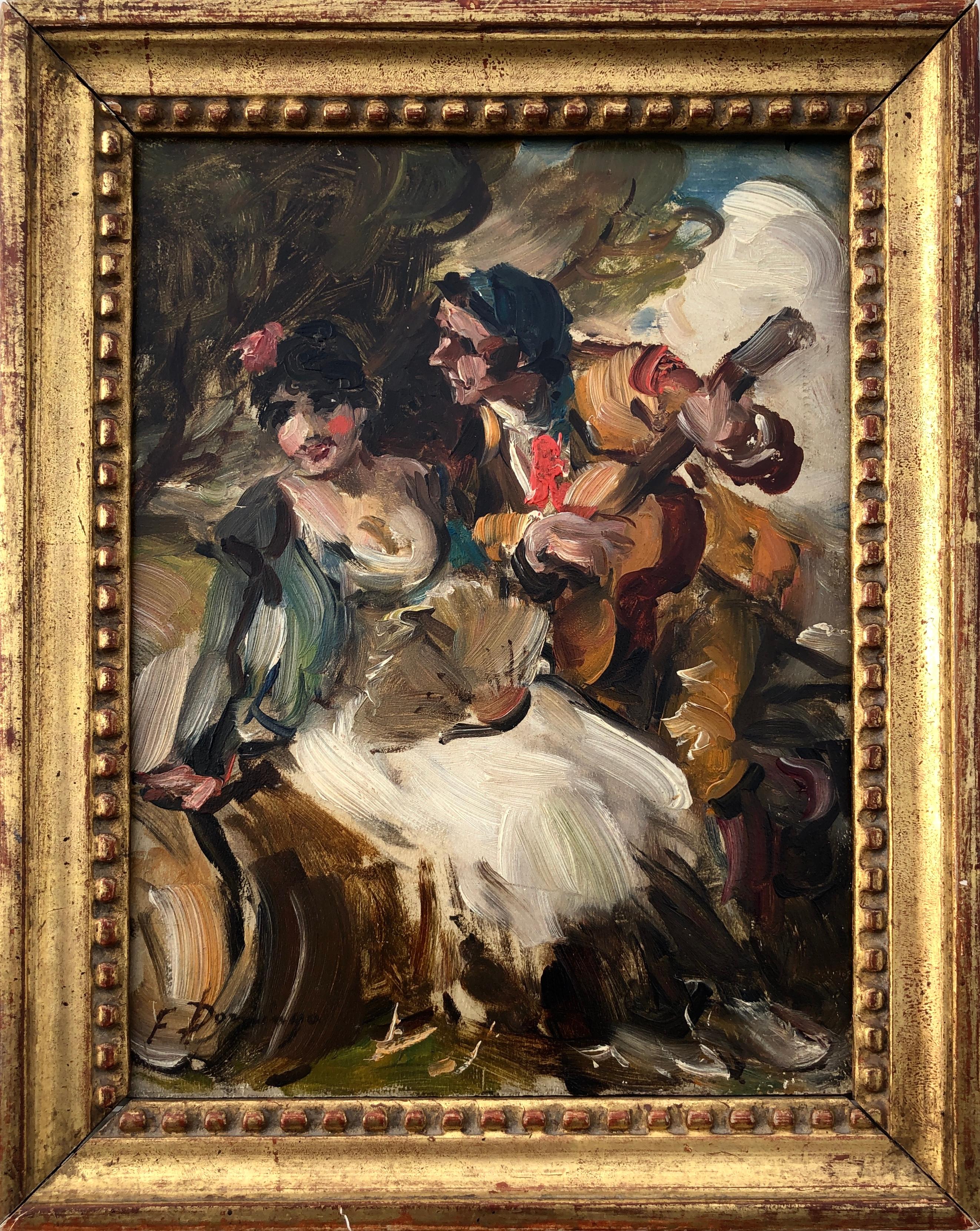 Gallantry oil on board painting spanish modernism - Painting by Francisco Domingo Marqués