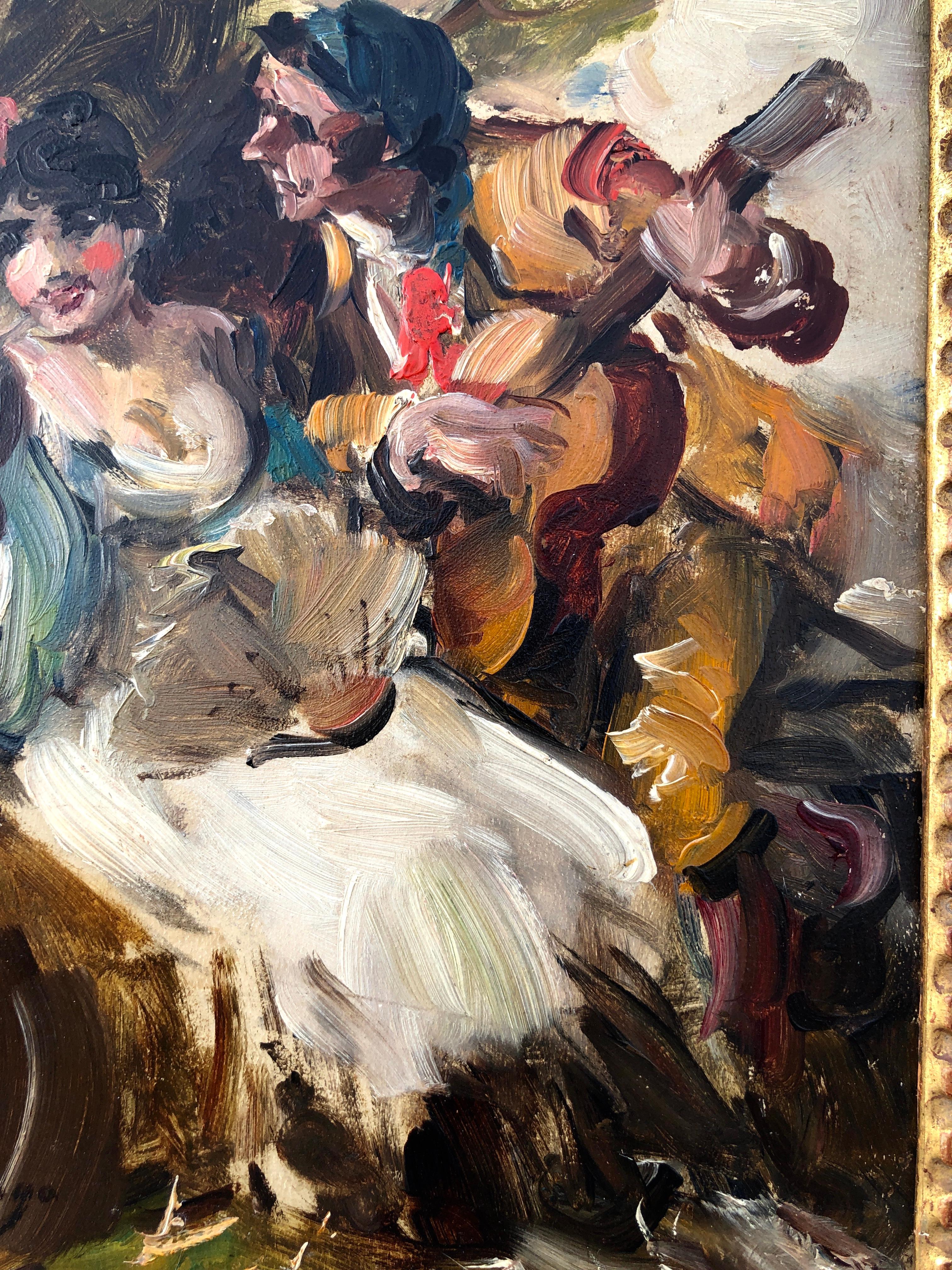 Title: Gallantry

Description:
This artwork by Francisco Domingo Marqués, a renowned 19th-century Spanish painter, showcases his impressionistic style and remarkable ability to capture lively, costumbrista scenes. Gallantry, an oil on panel (8.3 x