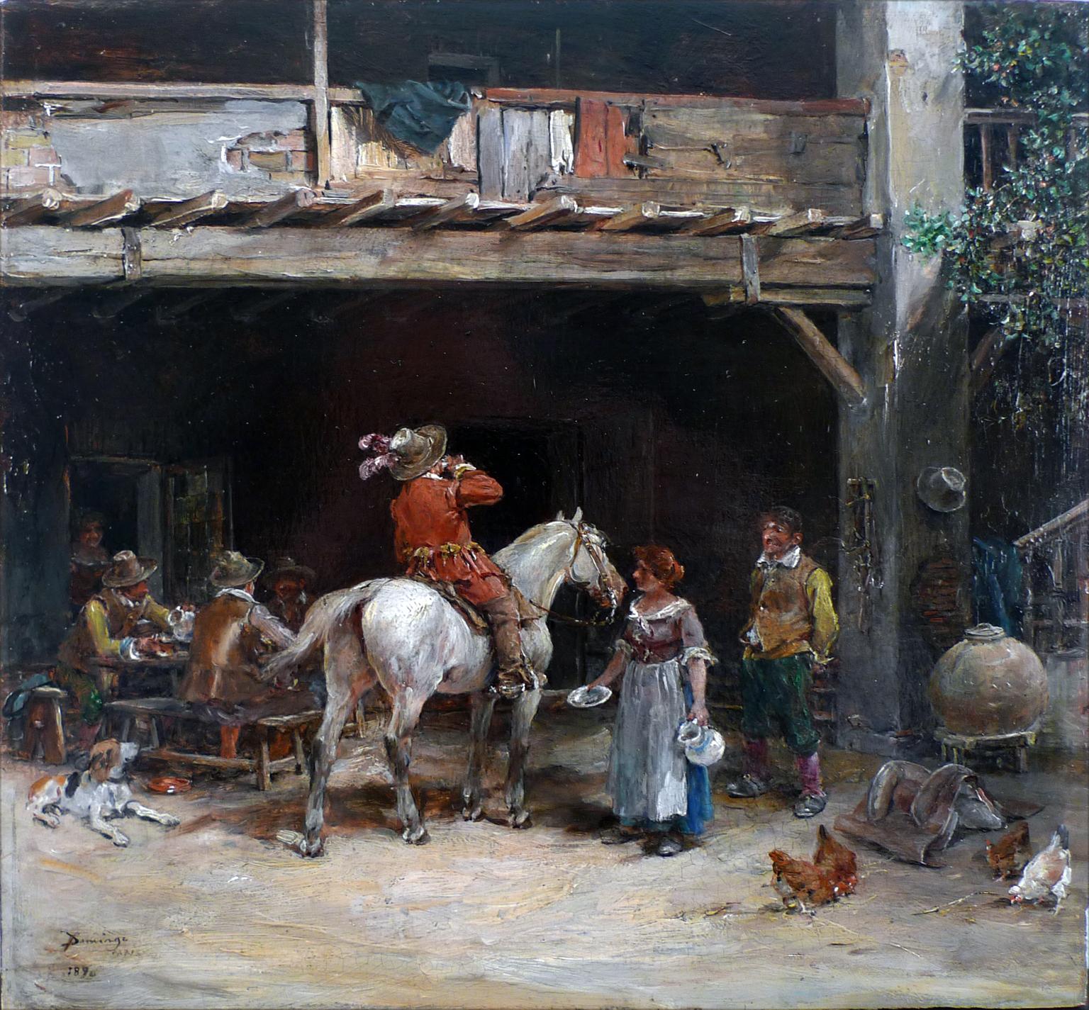 Francisco Domingo Marqués Animal Painting – Rest in The Tavern, Ölgemälde auf Holzplatte von Francisco Domingo, 19. Jahrhundert